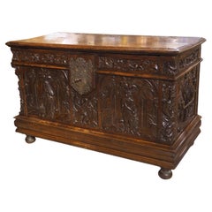 Antique French Walnut Trunk depicting Winter and Summer, 17th C and Later
