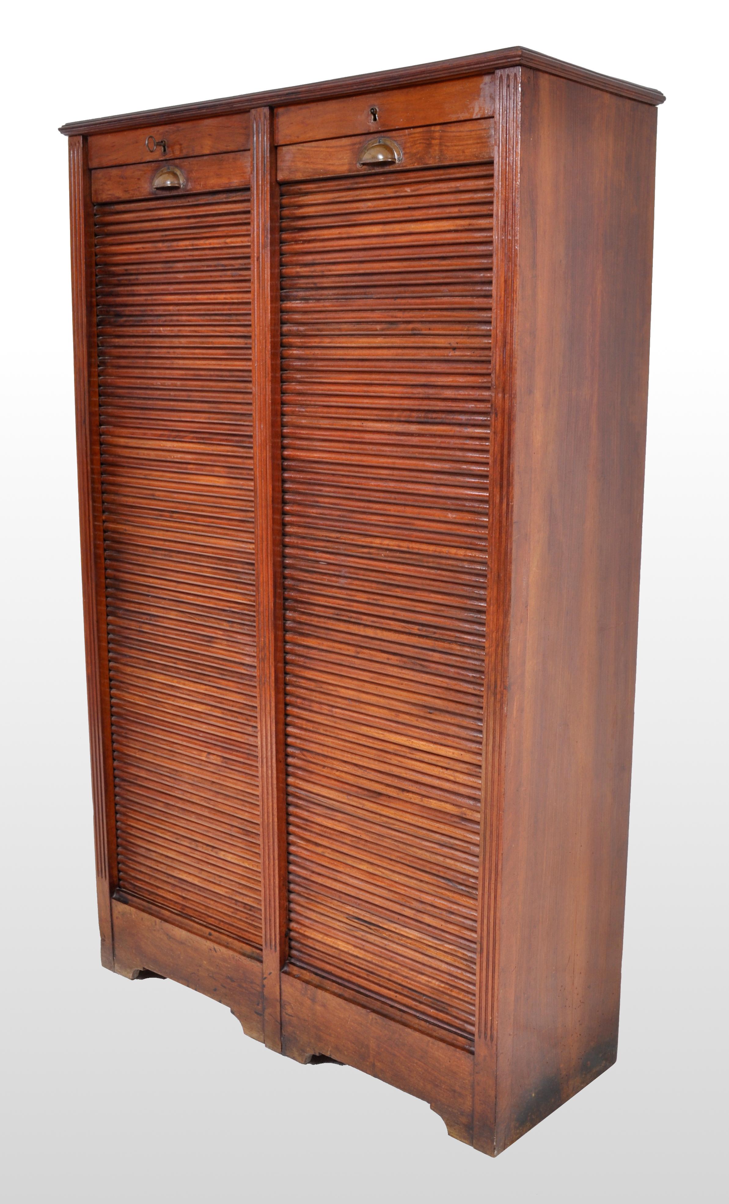 Art Nouveau Antique French Walnut Twin/Double Tambour Fronted Roll-Top Filing Cabinet, 1910
