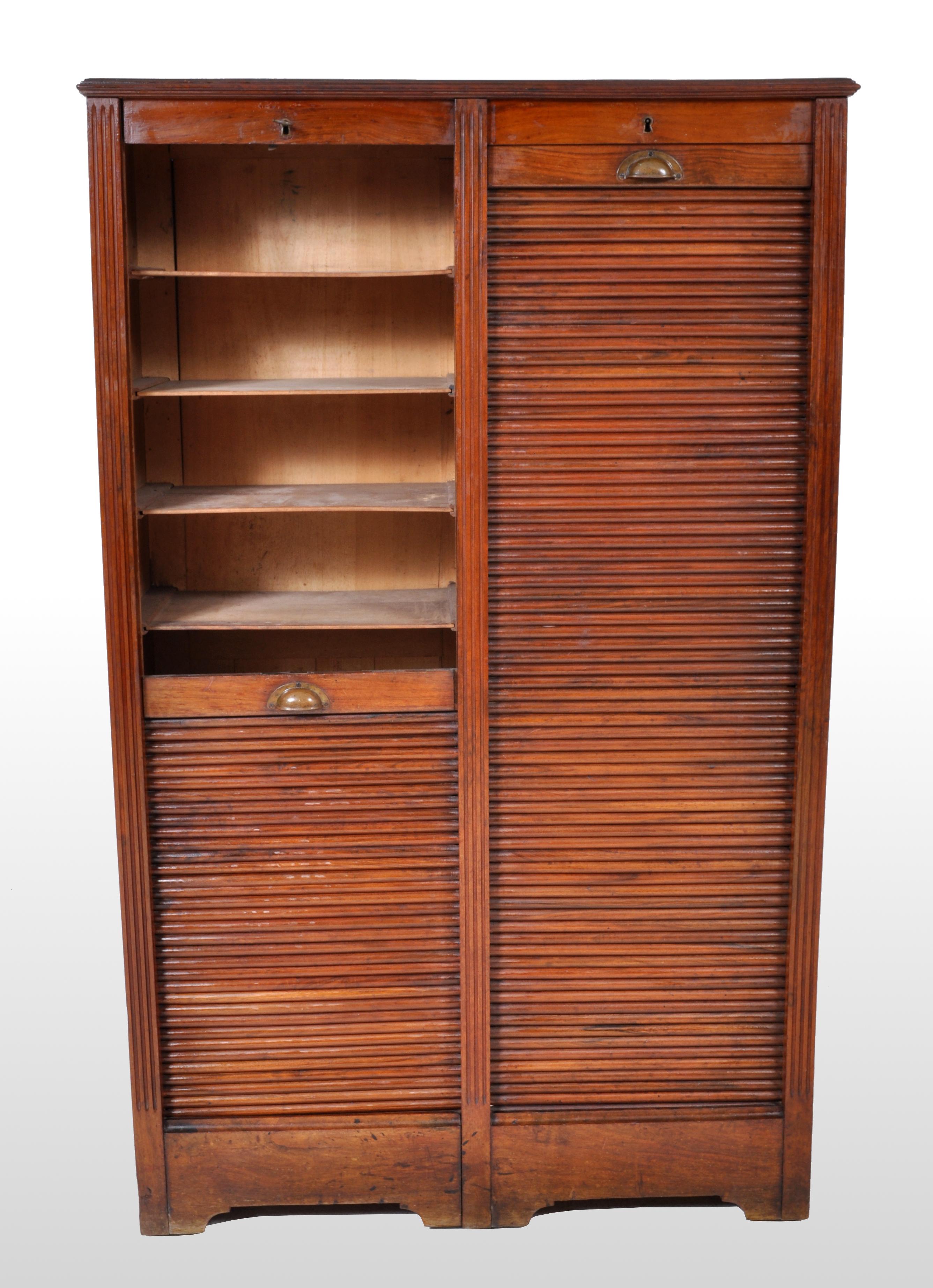 Antique French Walnut Twin/Double Tambour Fronted Roll-Top Filing Cabinet, 1910 In Good Condition In Portland, OR