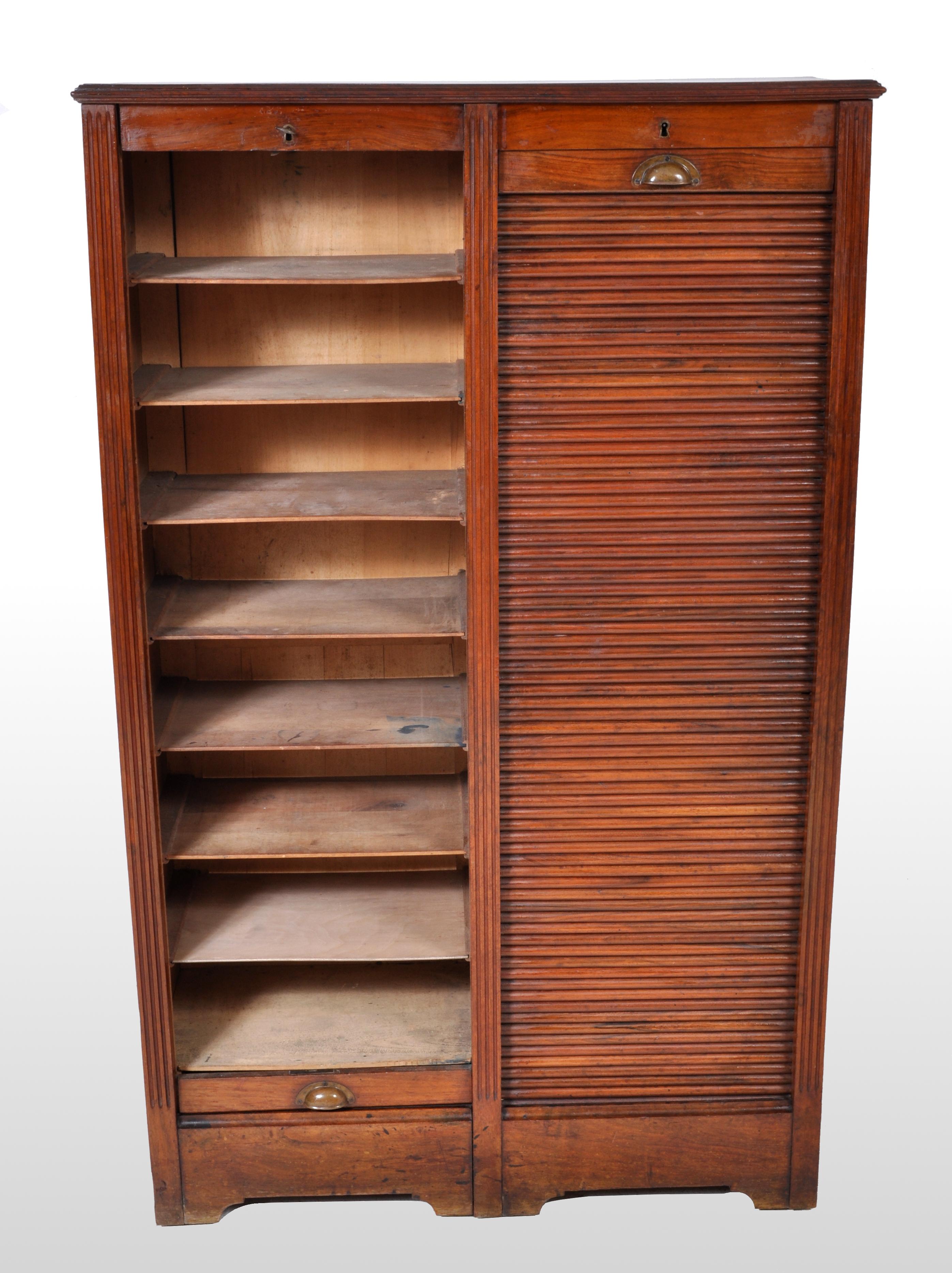 20th Century Antique French Walnut Twin/Double Tambour Fronted Roll-Top Filing Cabinet, 1910