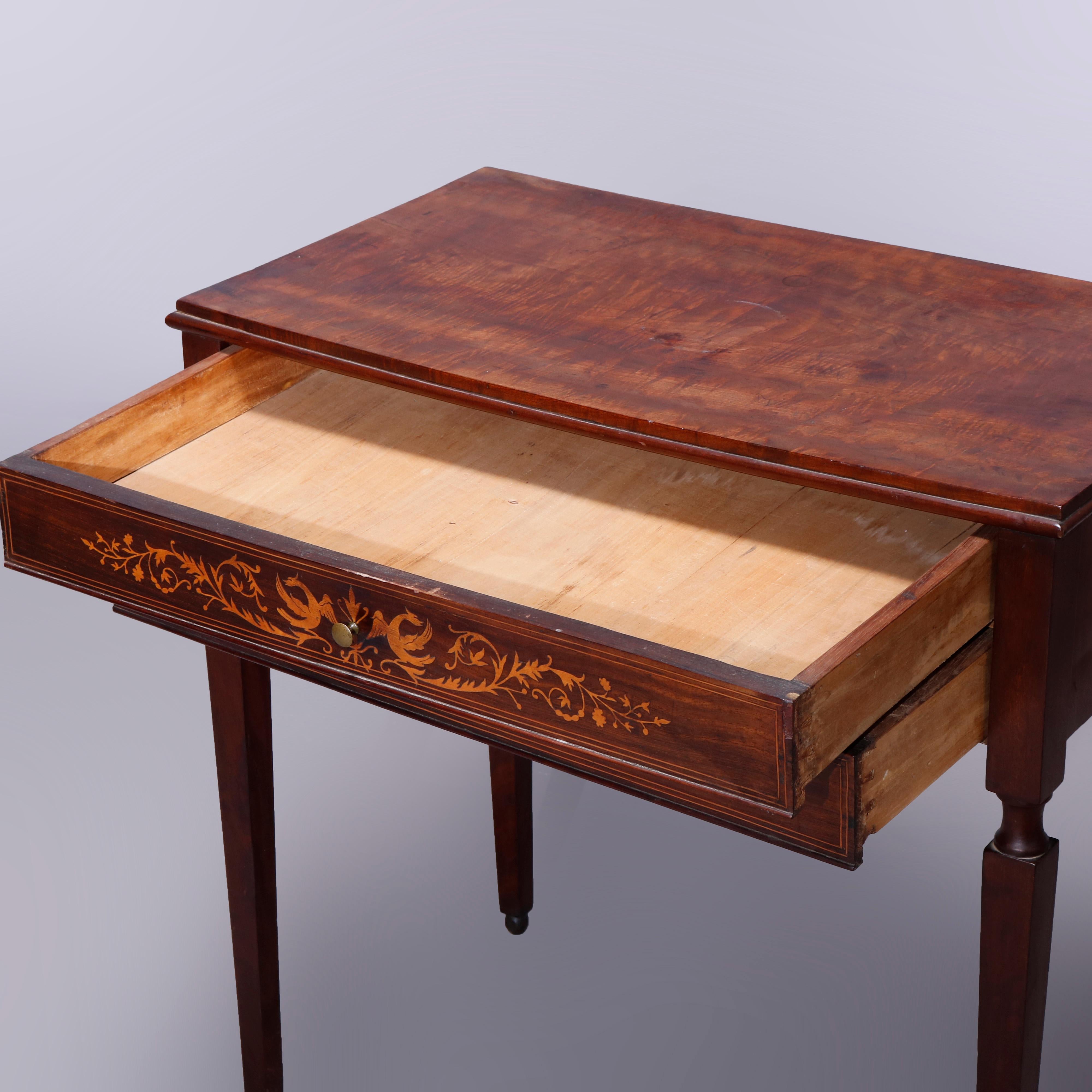 Carved Antique French Walnut Two-Drawer Server with Satinwood Marquetry Inlay, c1880