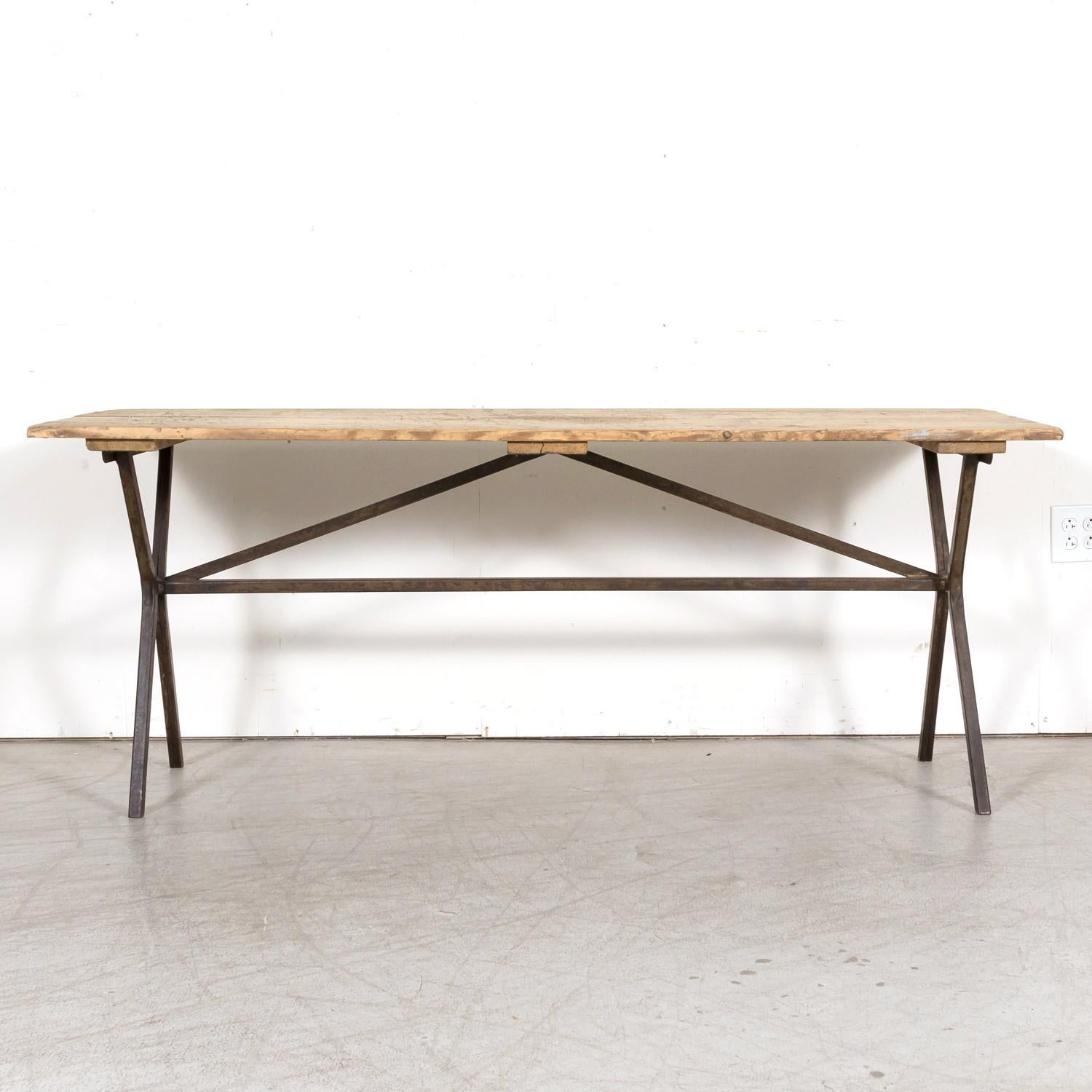 Bleached Antique French Washed Oak Console Table with Iron Base For Sale