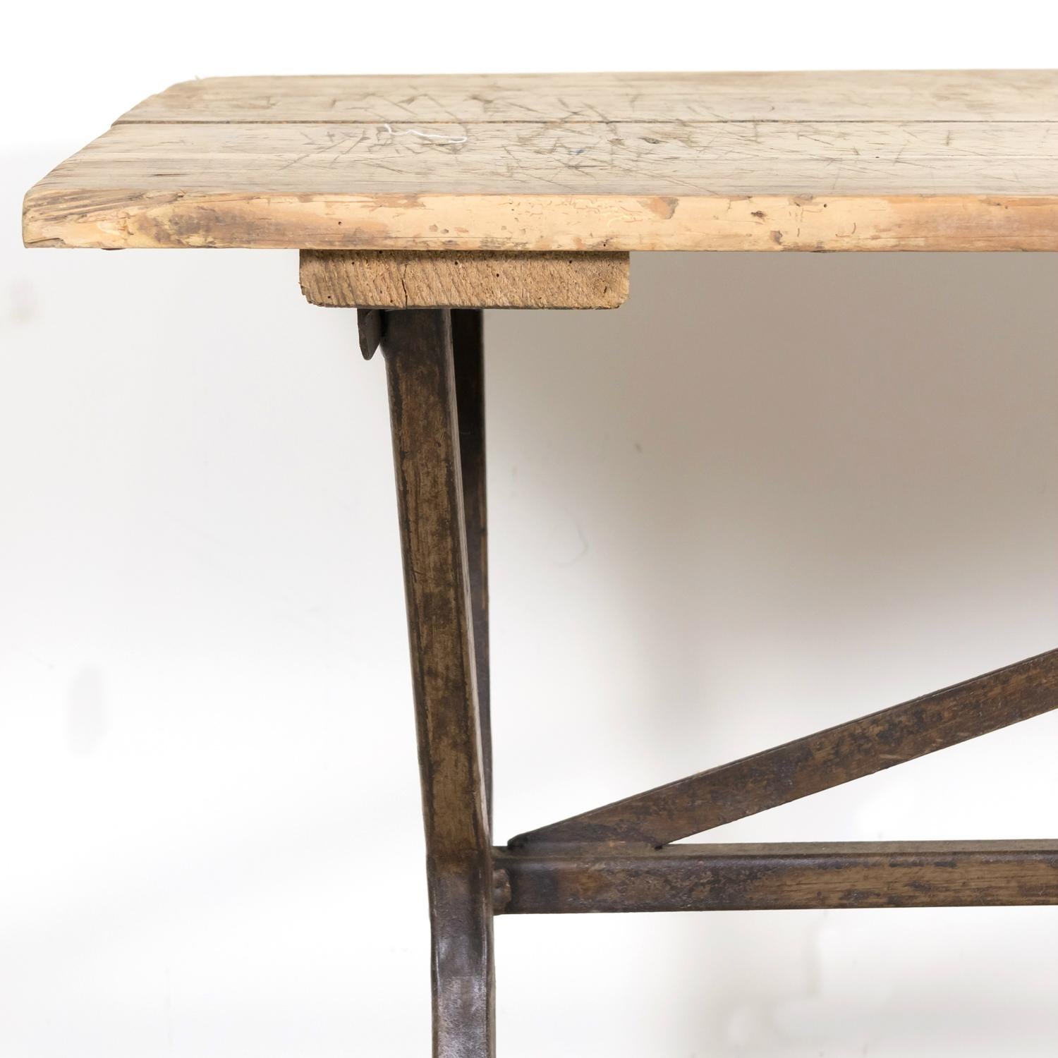 Antique French Washed Oak Console Table with Iron Base For Sale 2