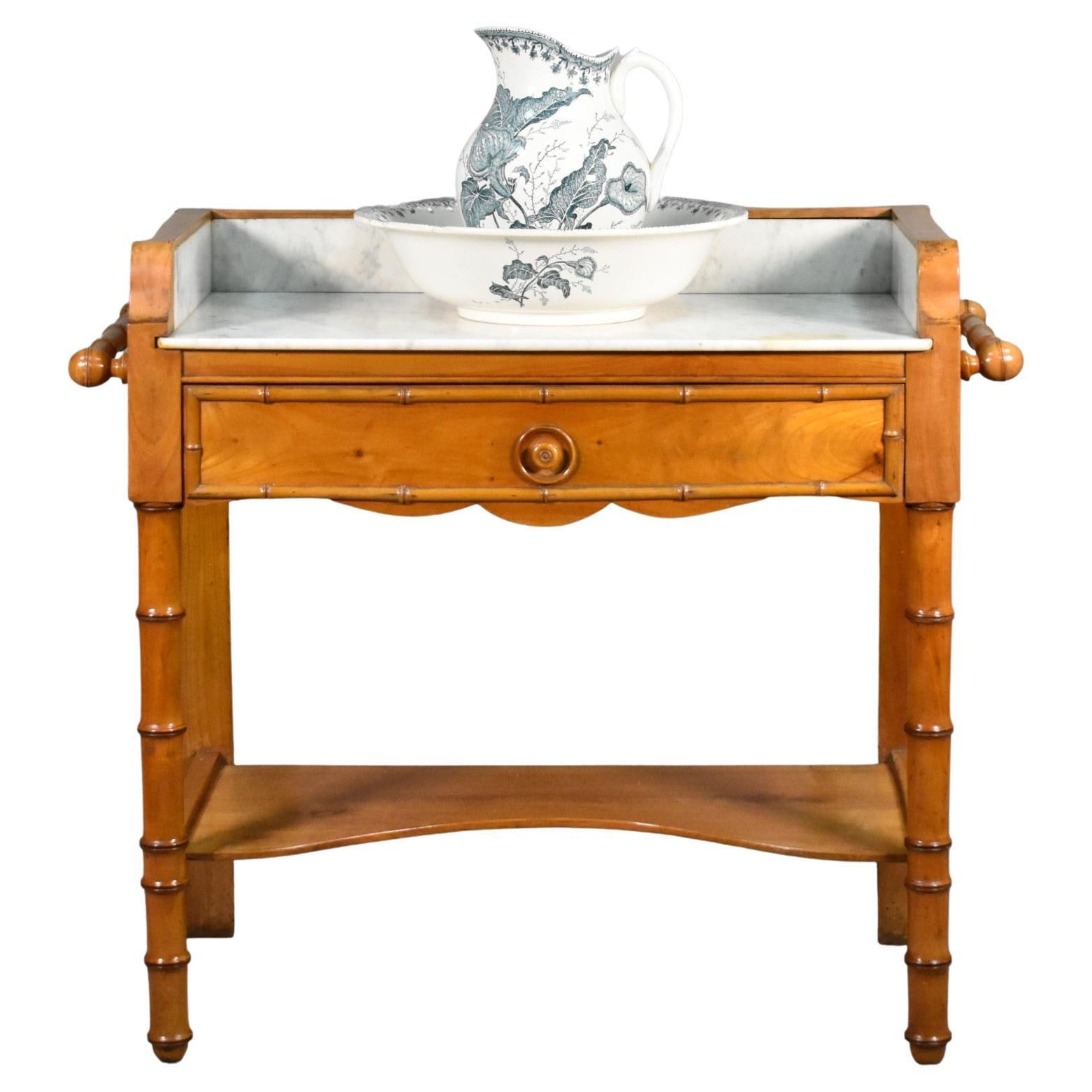Antique French Washstand in Cherry Wood and Faux Bamboo Louis Philippe Style