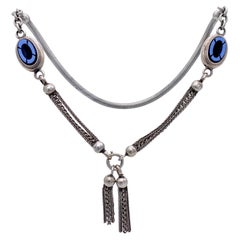 Antique French Watch Chain Necklace Two Colour Glas Silber
