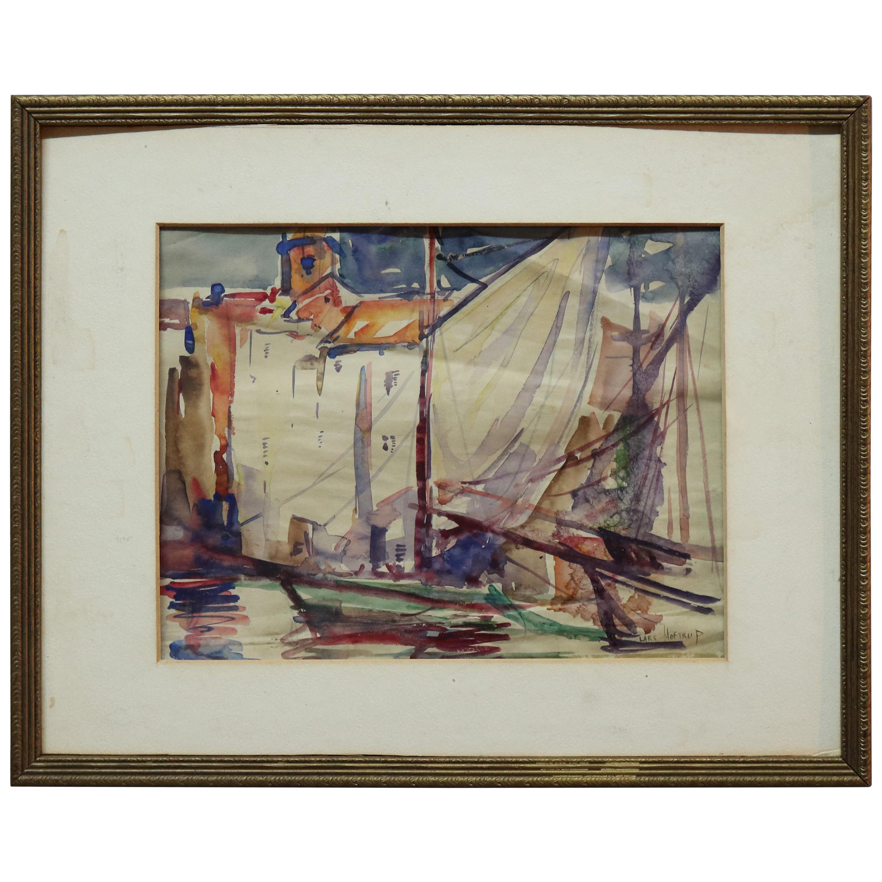Antique French Watercolor on Paper Harbor Scene by Lars Hoftrup, circa 1920