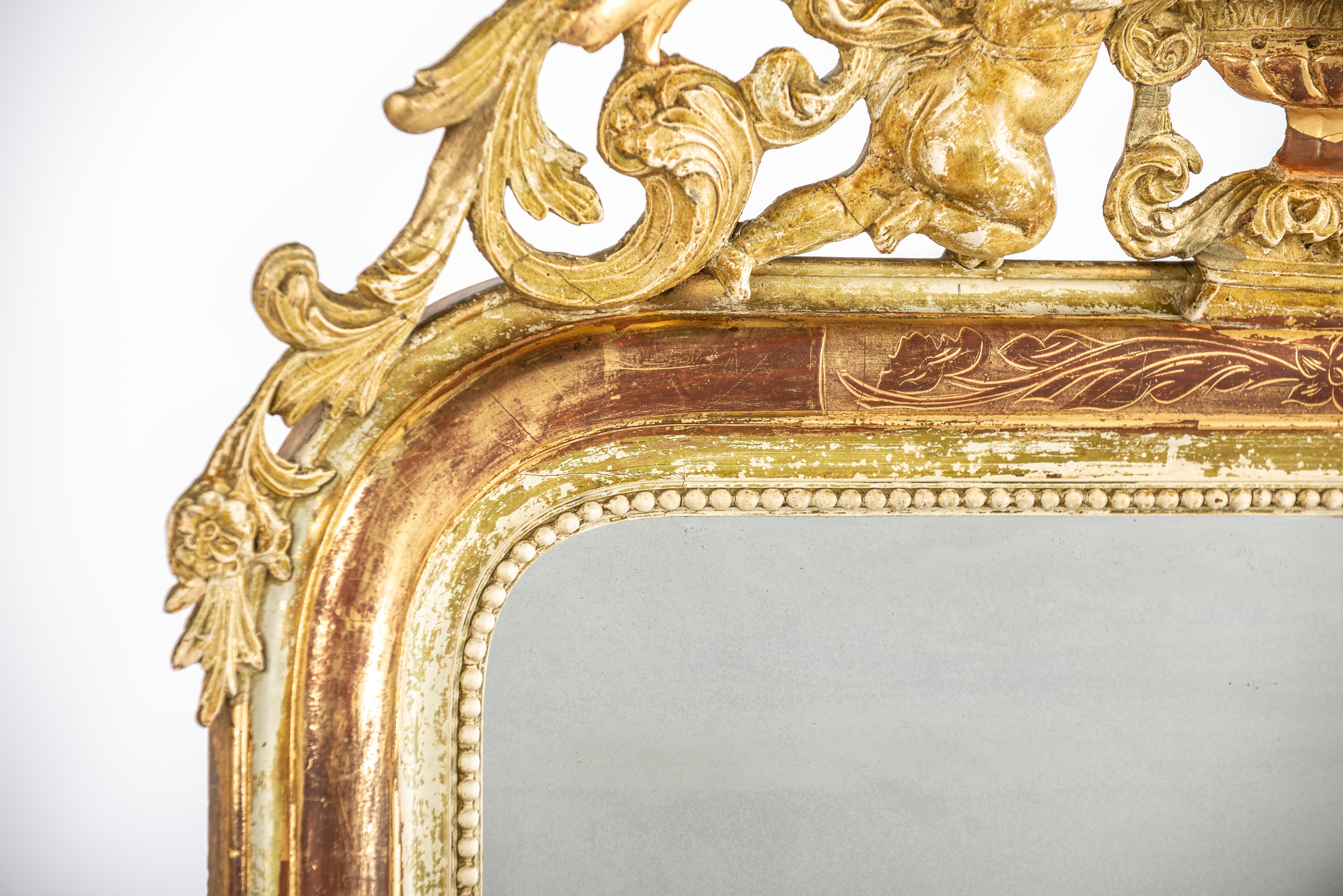 19th Century Antique French weathered gold gilt Louis Philippe mirror with angels or putti