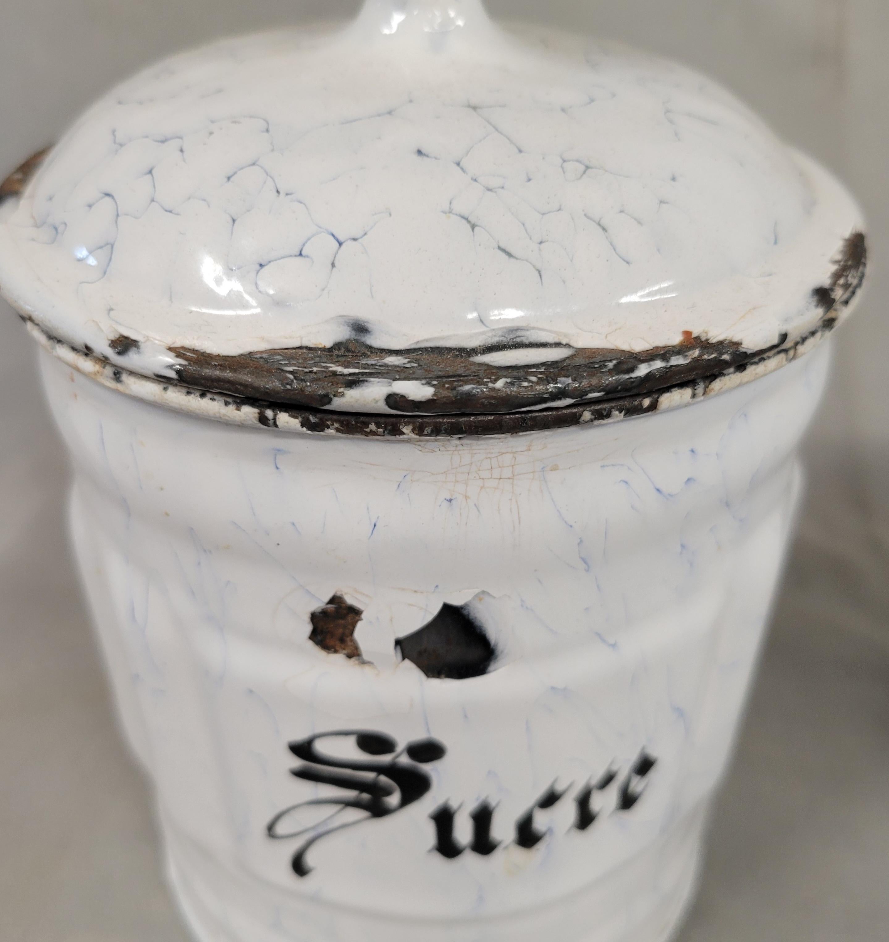 Antique French White and Blue Enamel Canister Set - 6 Pieces For Sale 6
