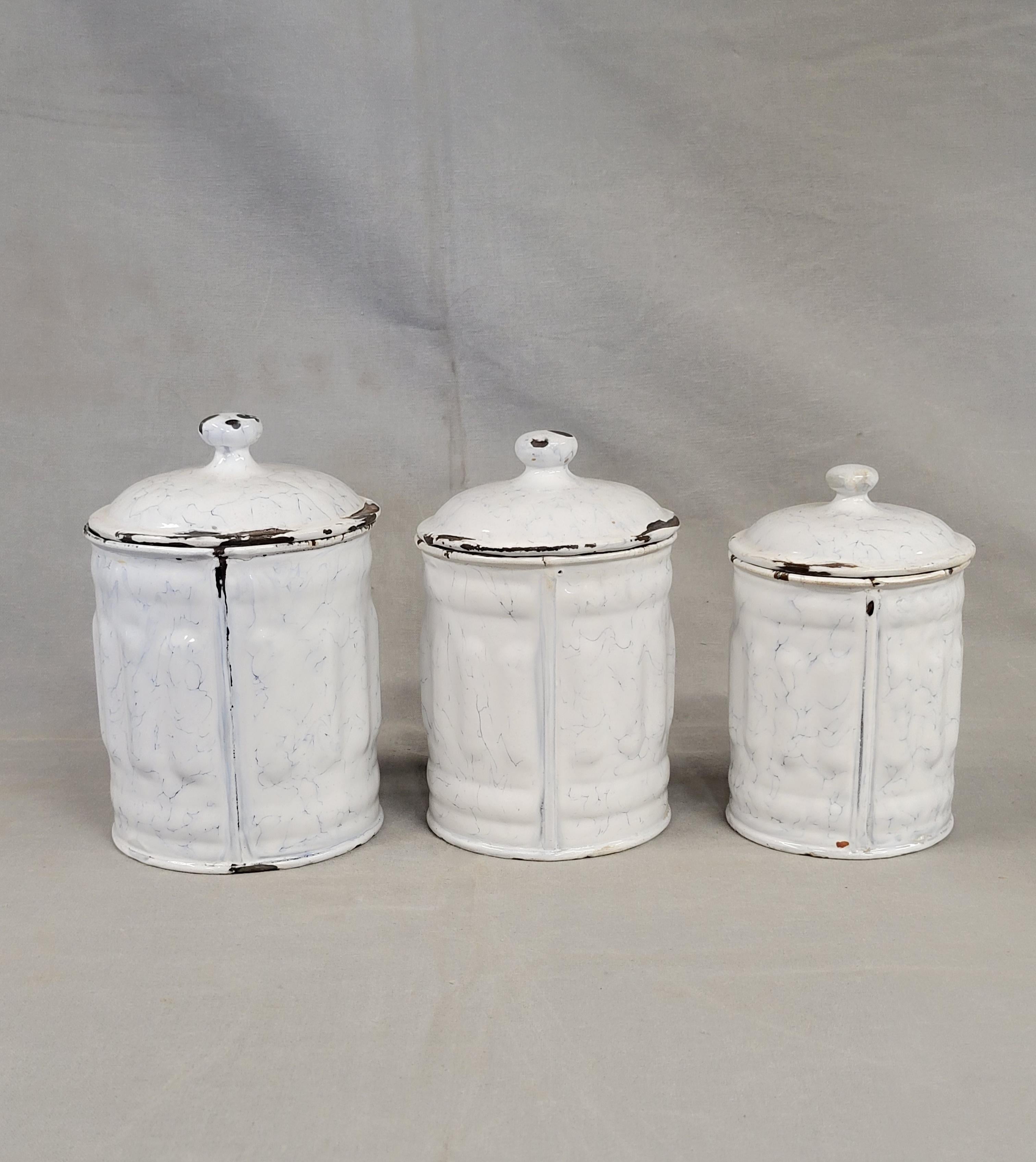 Antique French White and Blue Enamel Canister Set - 6 Pieces For Sale 7
