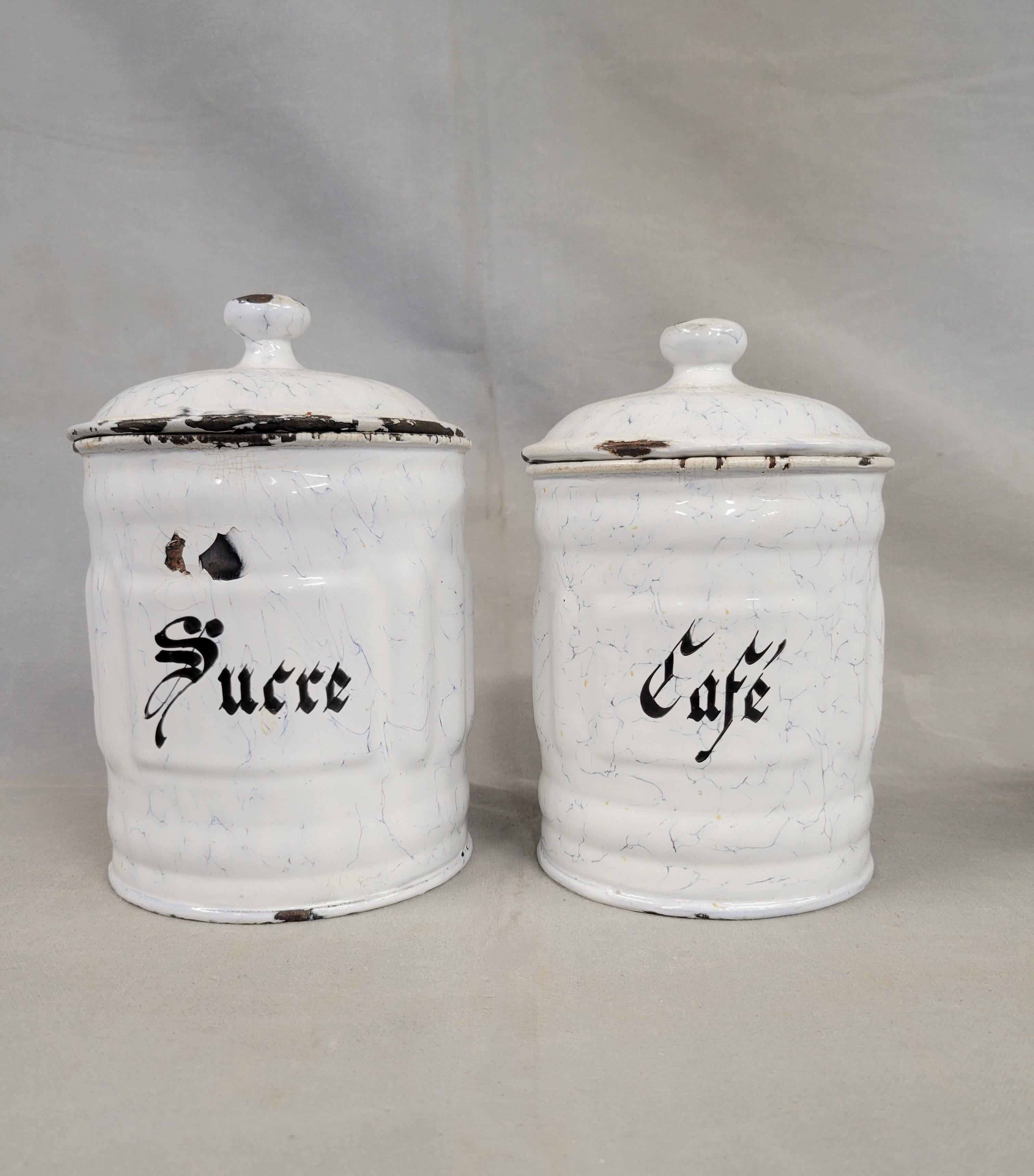 French Provincial Antique French White and Blue Enamel Canister Set - 6 Pieces For Sale