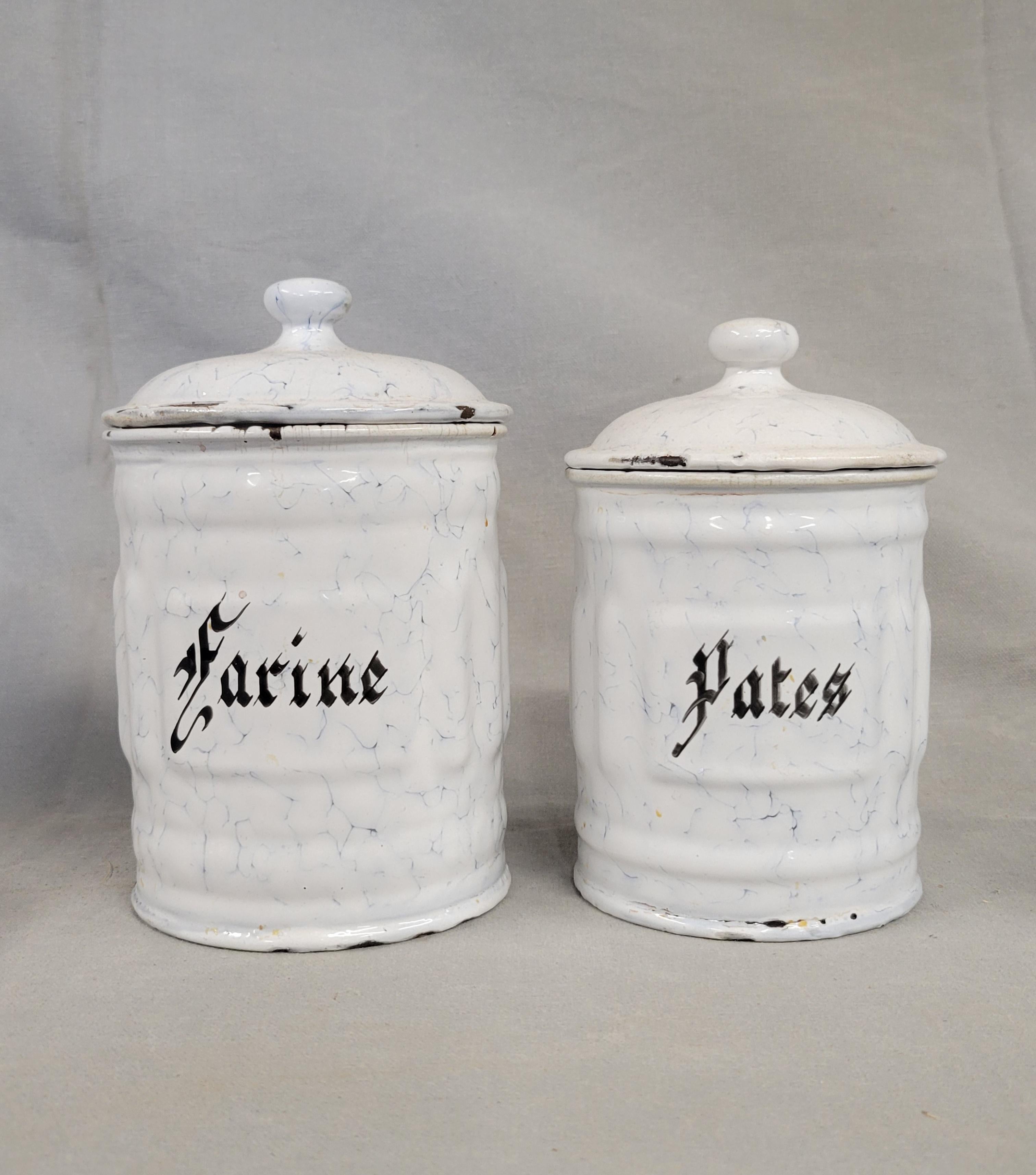 Hand-Crafted Antique French White and Blue Enamel Canister Set - 6 Pieces For Sale