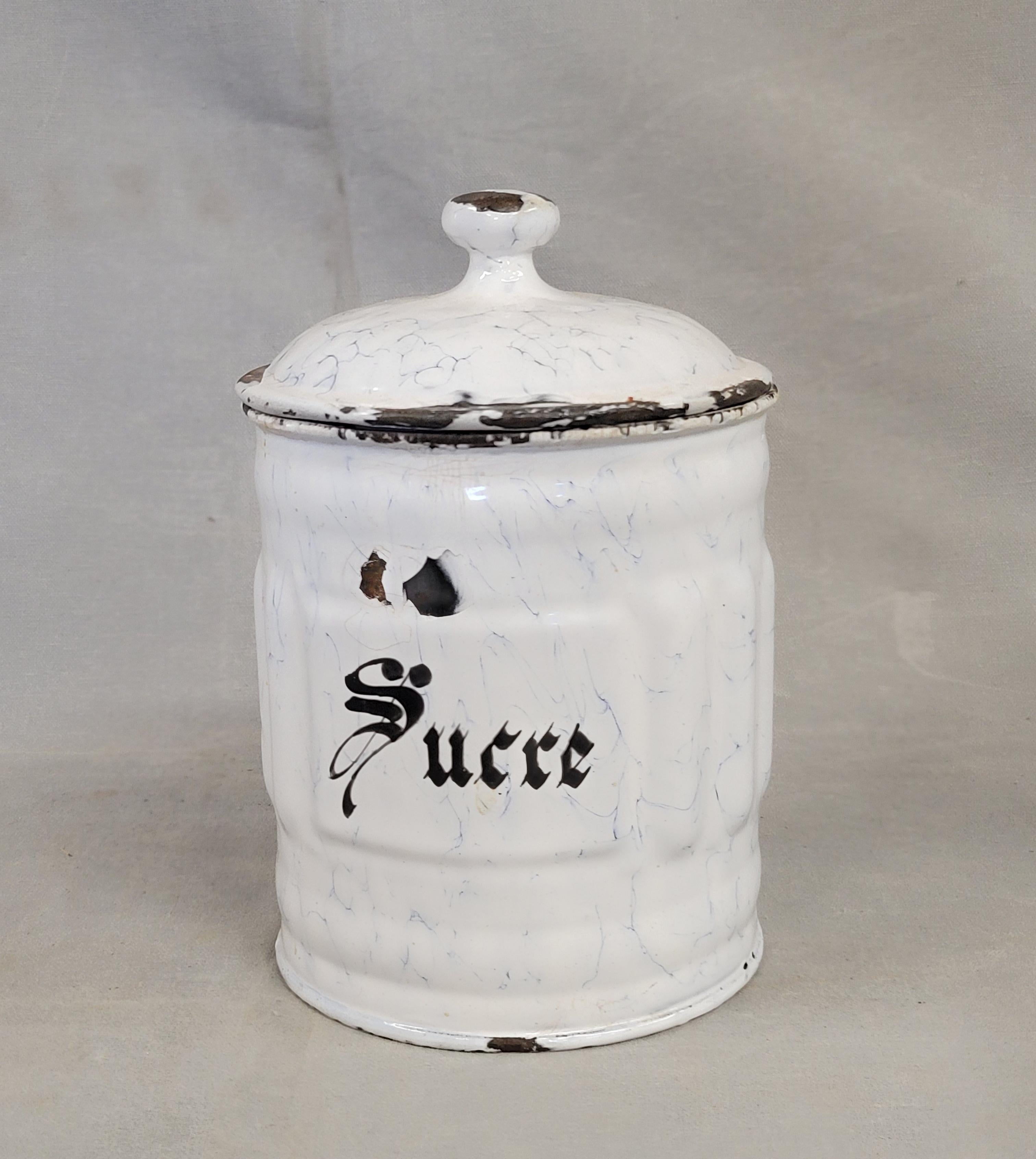 20th Century Antique French White and Blue Enamel Canister Set - 6 Pieces For Sale