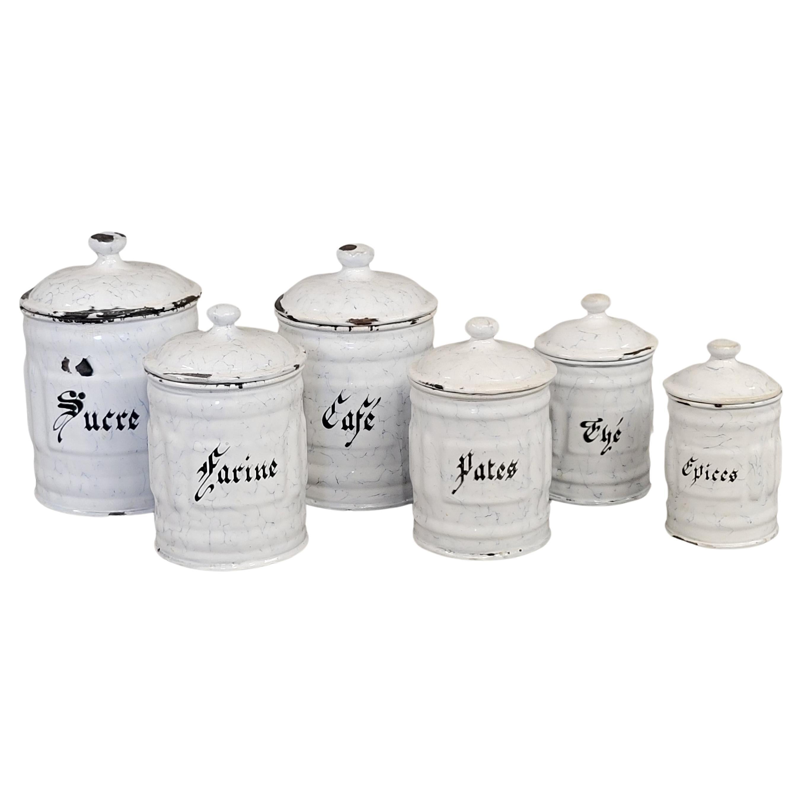 Antique French White and Blue Enamel Canister Set - 6 Pieces For Sale