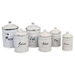 Used French White and Blue Enamel Canister Set - 6 Pieces