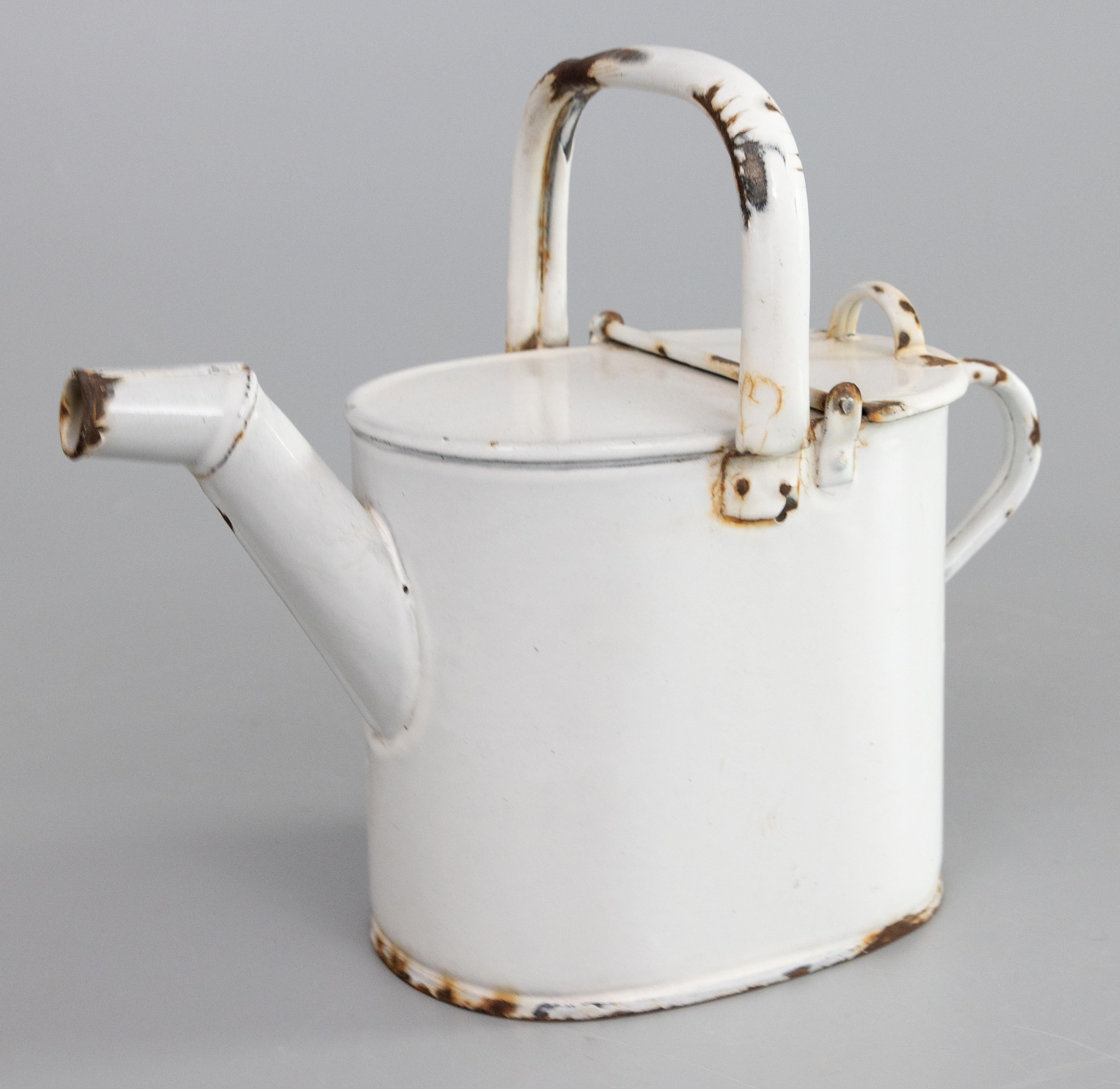 Una encantadora regadera antigua francesa de esmalte blanco, de hacia 1920. La utilizaban los sirvientes para llevar agua caliente a las cámaras superiores. Se ve muy bien y quedaría muy bien con unas flores secas.

Dimensiones
11,5ʺAN × 5,5ʺD ×