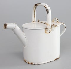 Antique French White Enamelware Watering Can Hot Water Jug, circa 1920