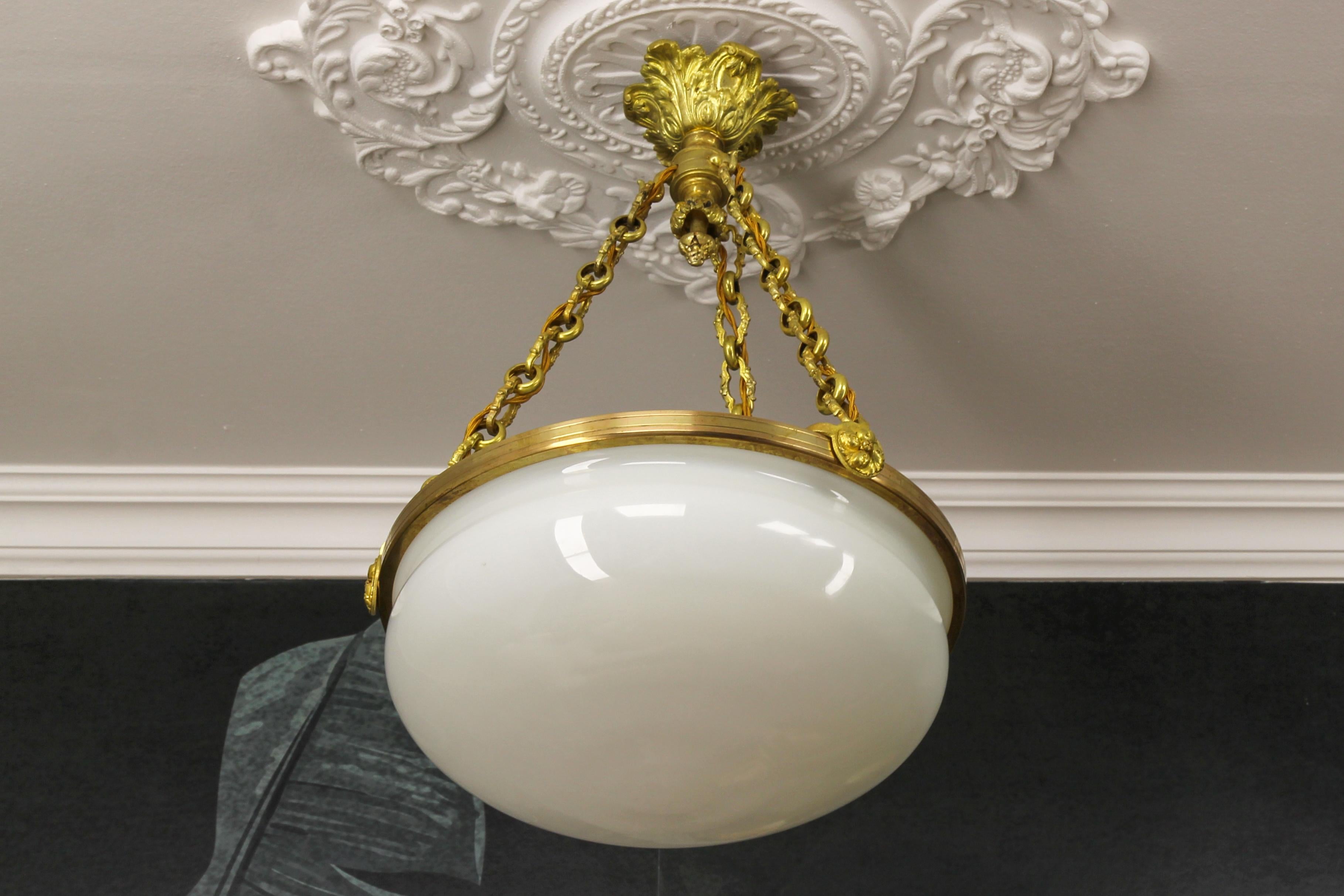 Antique French White Glass, Brass and Bronze Pendant Chandelier, ca. 1920 For Sale 5