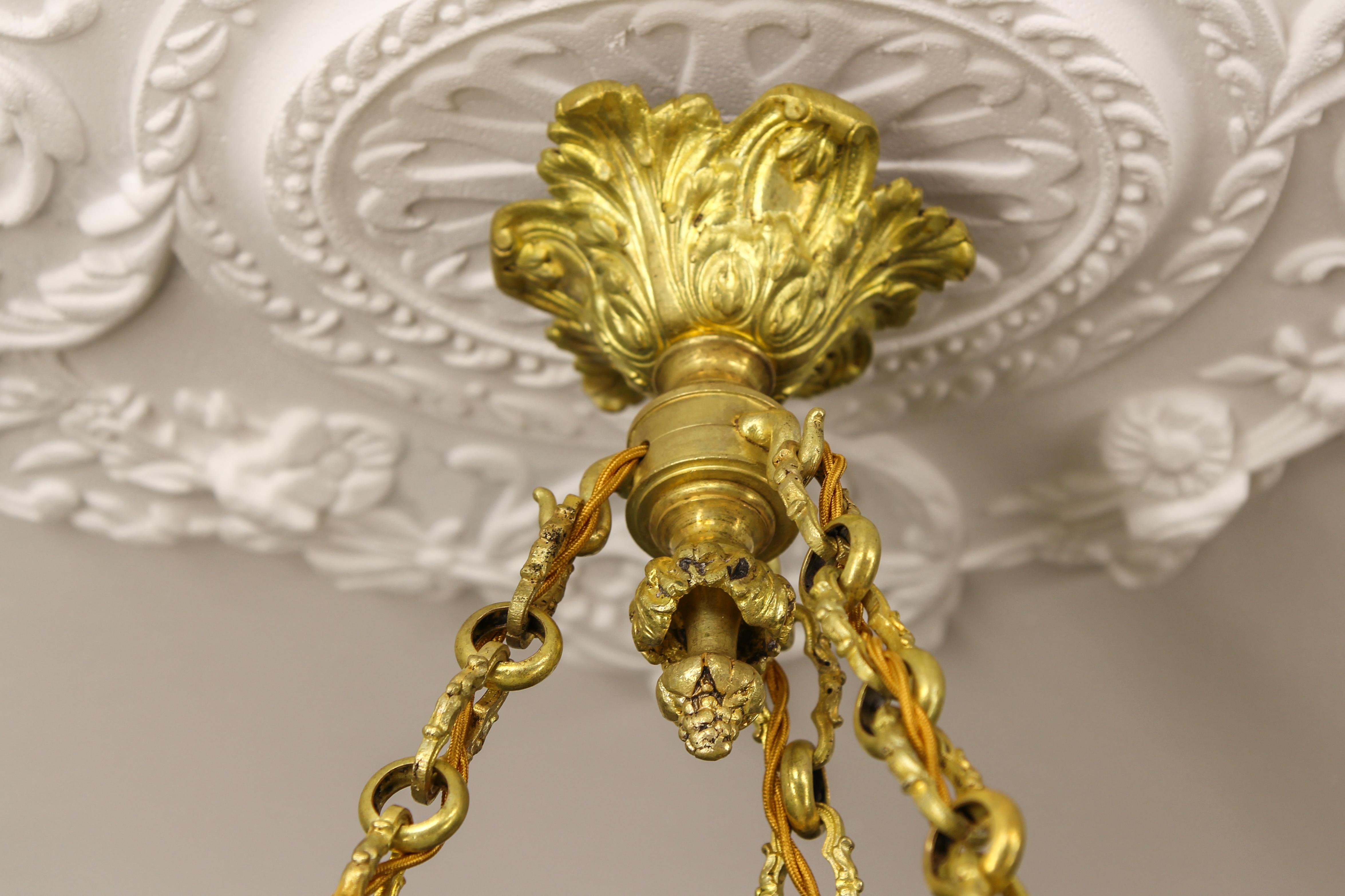 Antique French White Glass, Brass and Bronze Pendant Chandelier, ca. 1920 For Sale 6