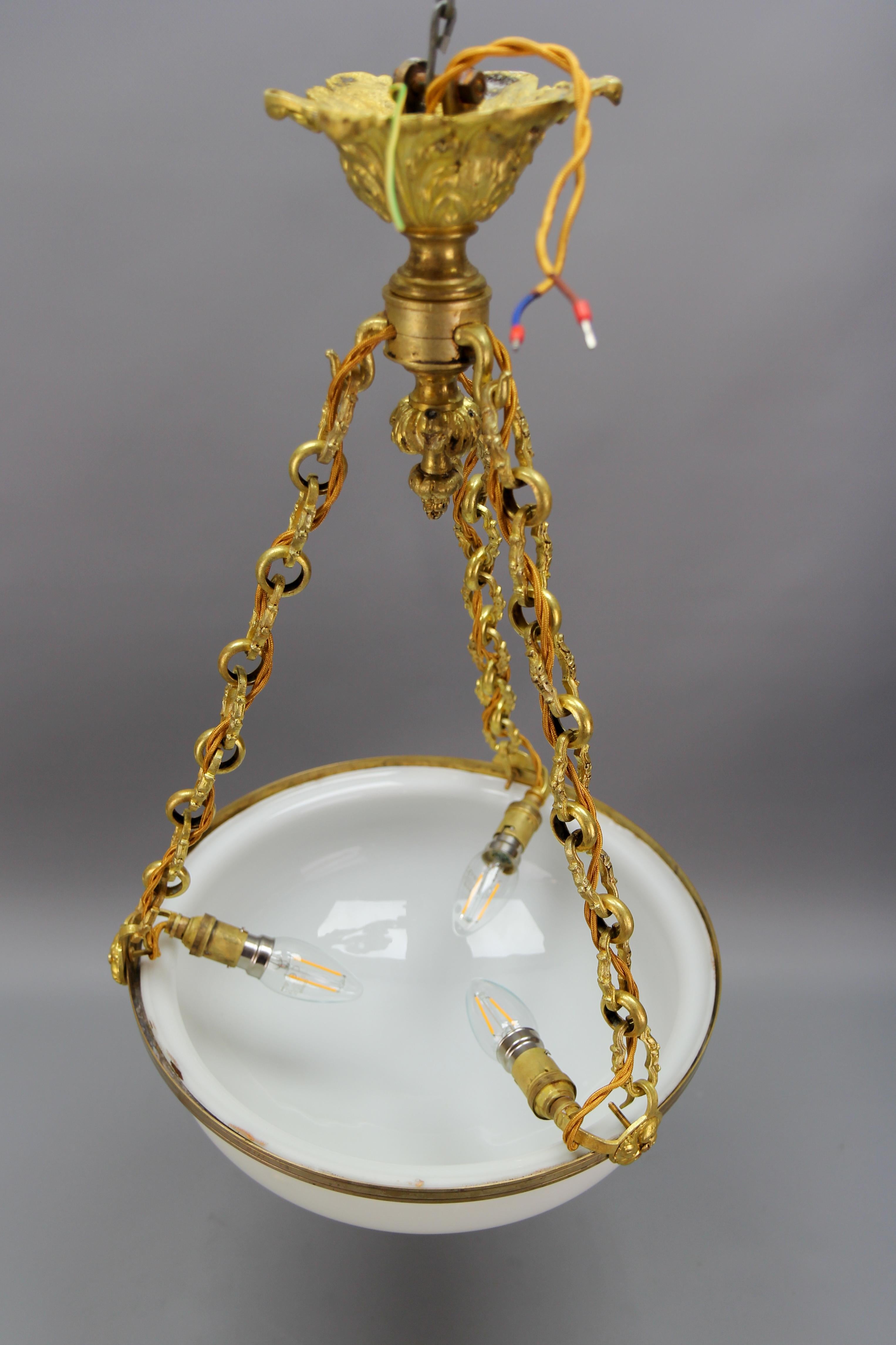 Antique French White Glass, Brass and Bronze Pendant Chandelier, ca. 1920 For Sale 9