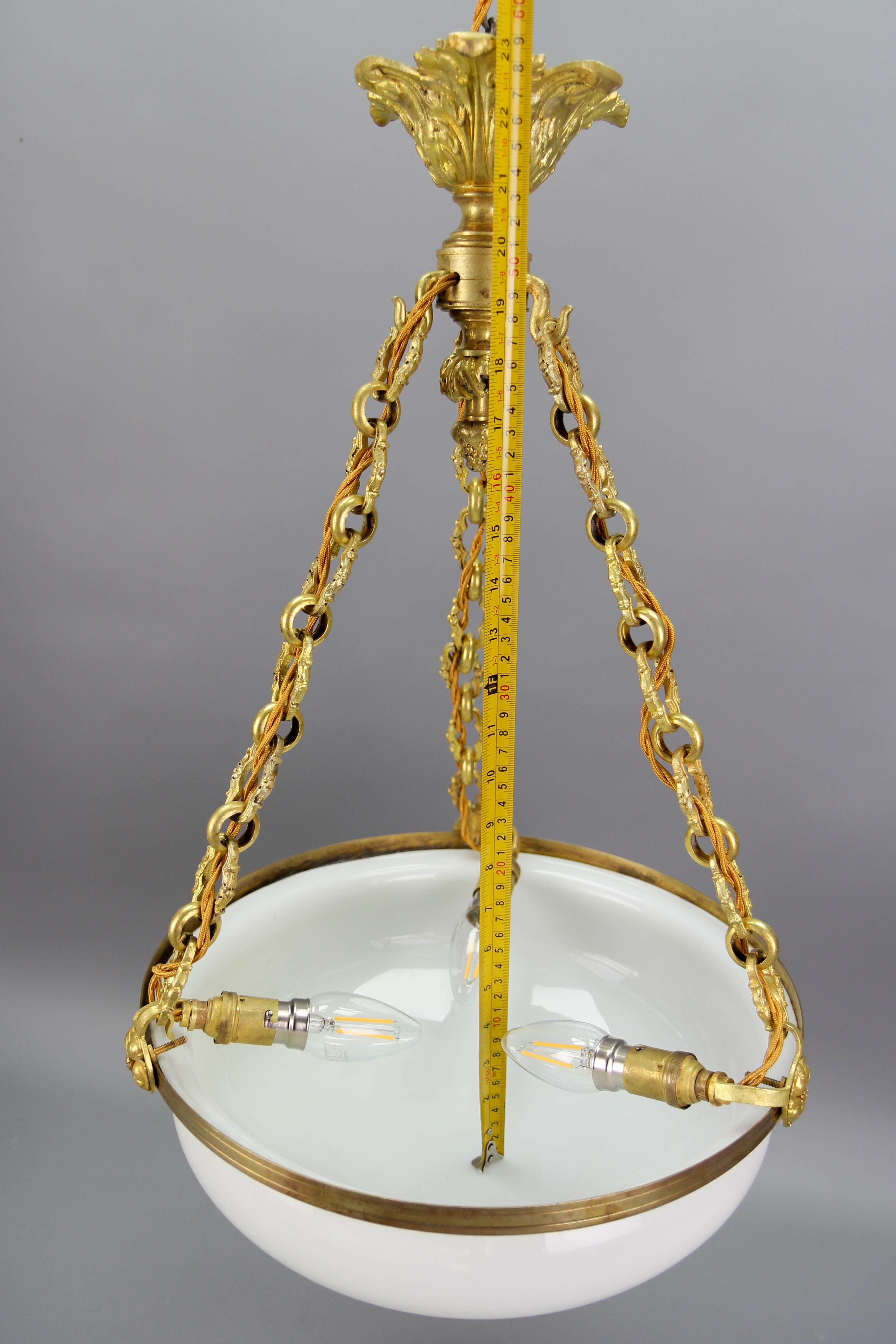 Antique French White Glass, Brass and Bronze Pendant Chandelier, ca. 1920 For Sale 10