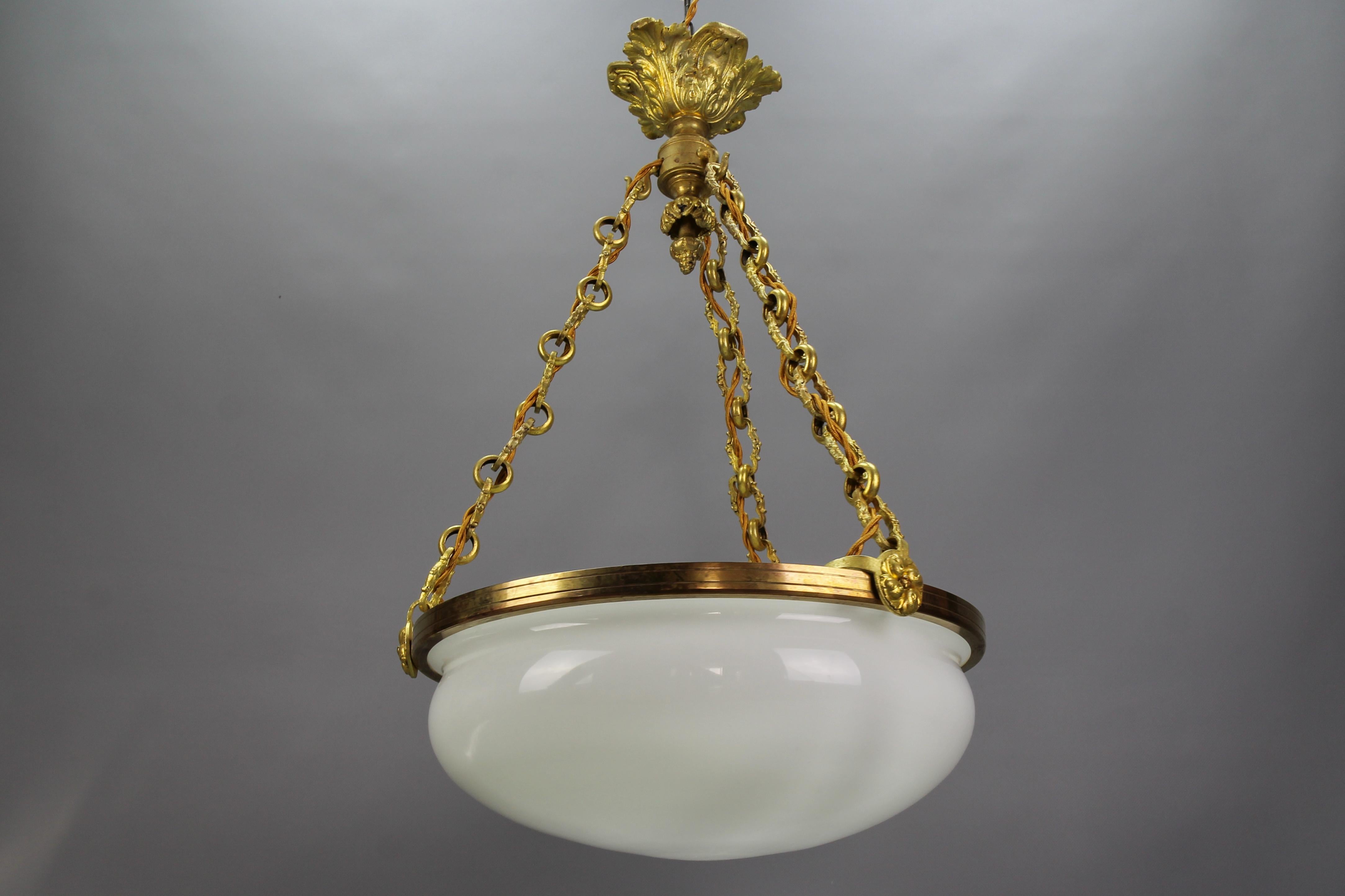 Antique French White Glass, Brass and Bronze Pendant Chandelier, ca. 1920 For Sale 14