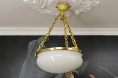 Antique French White Glass, Brass and Bronze Pendant Chandelier, ca. 1920