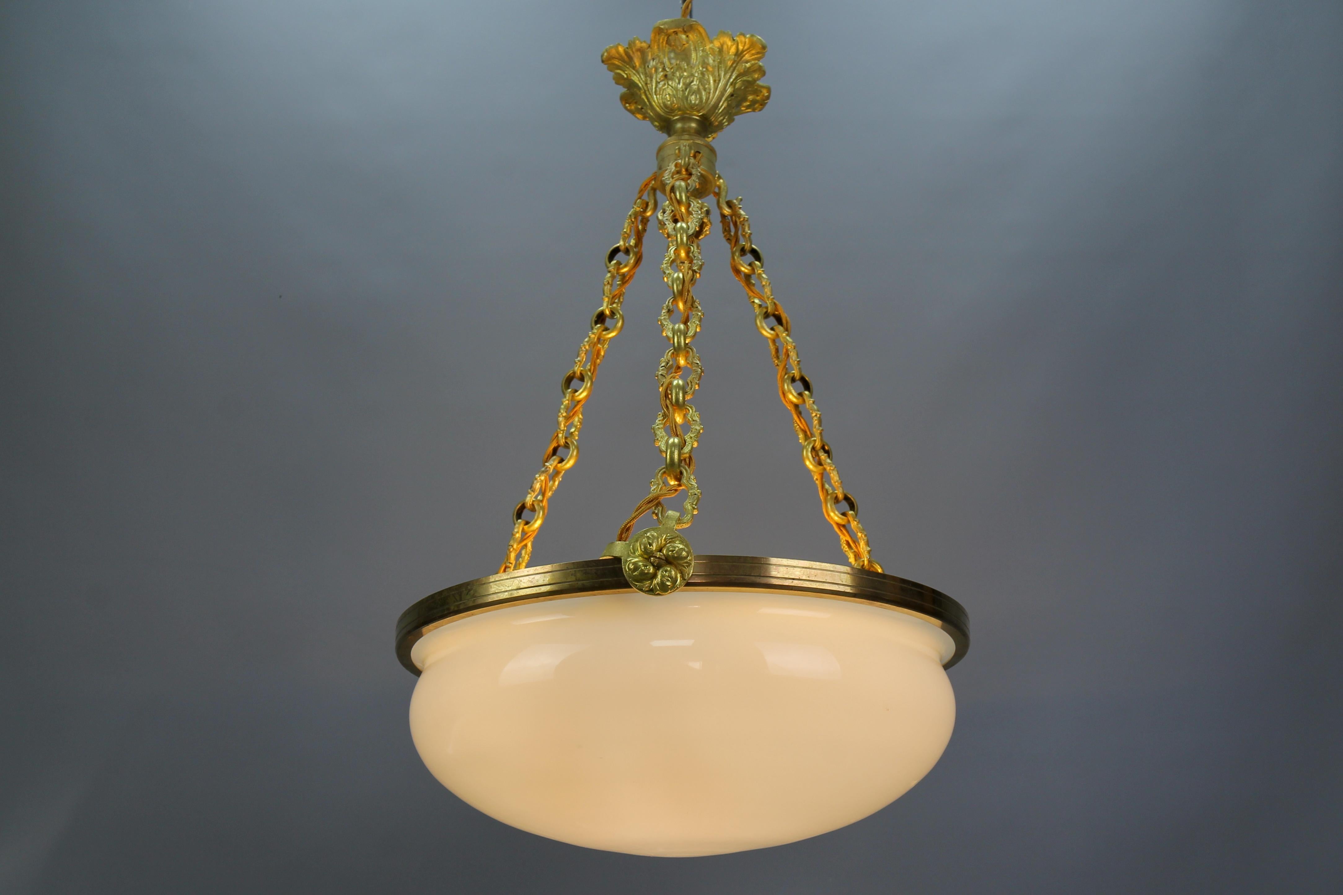 Antique French White Glass, Brass and Bronze Pendant Chandelier, ca. 1920 For Sale 15