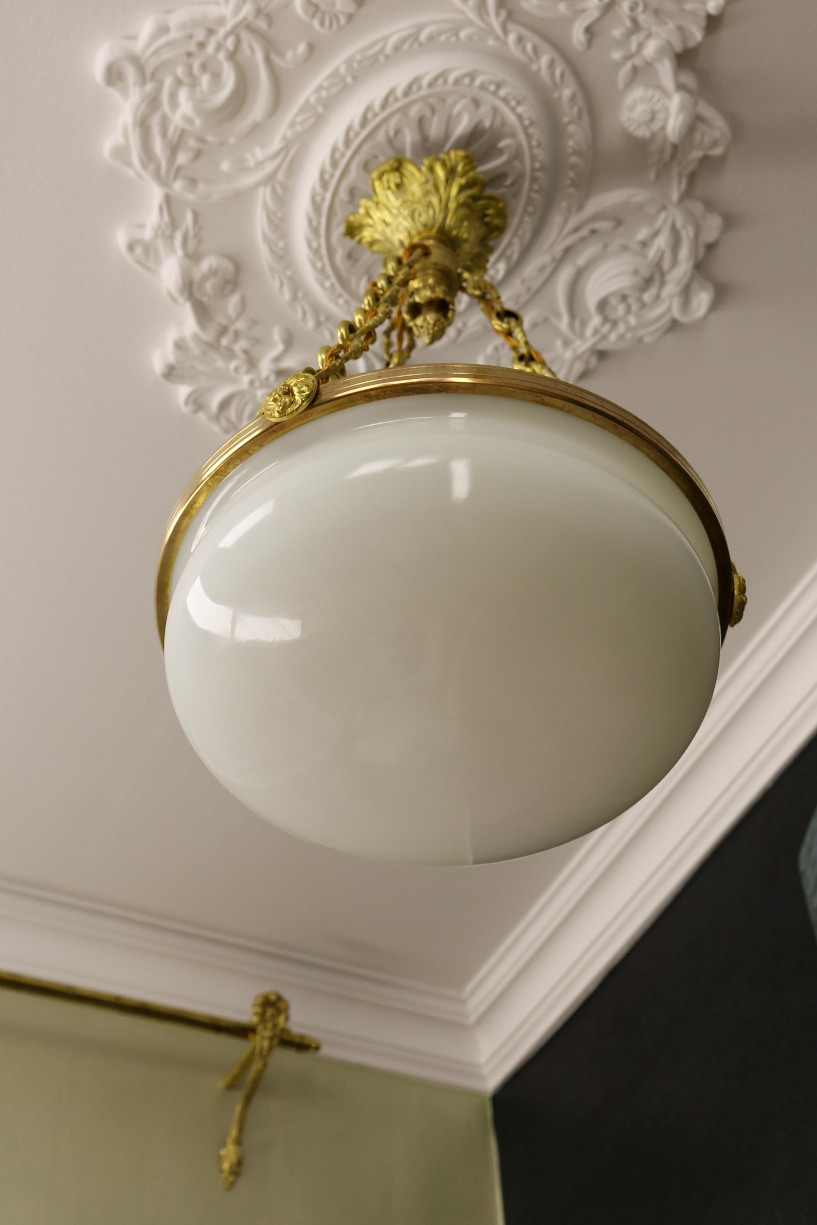 Antique French White Glass, Brass and Bronze Pendant Chandelier, ca. 1920 For Sale 1
