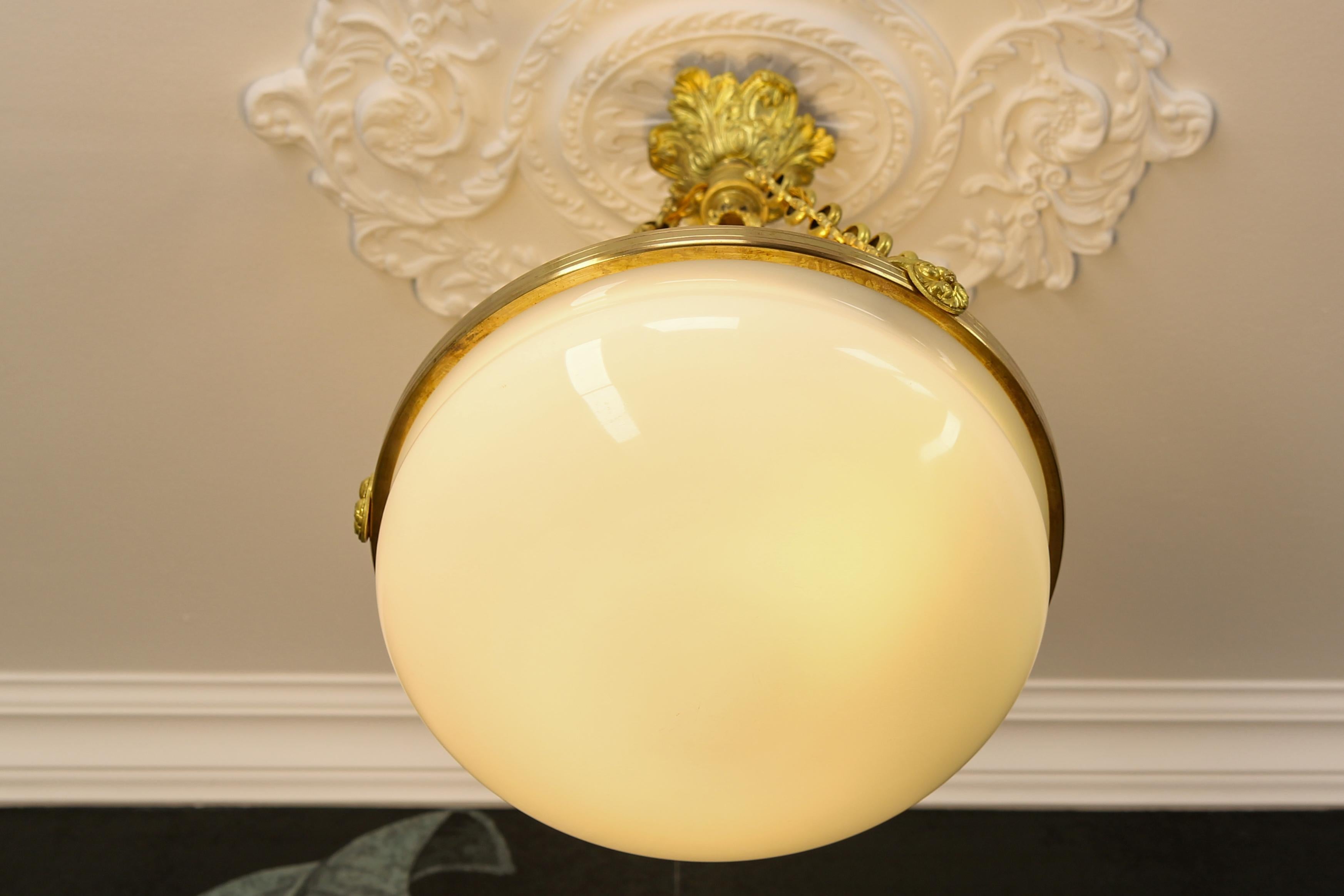 Antique French White Glass, Brass and Bronze Pendant Chandelier, ca. 1920 For Sale 3