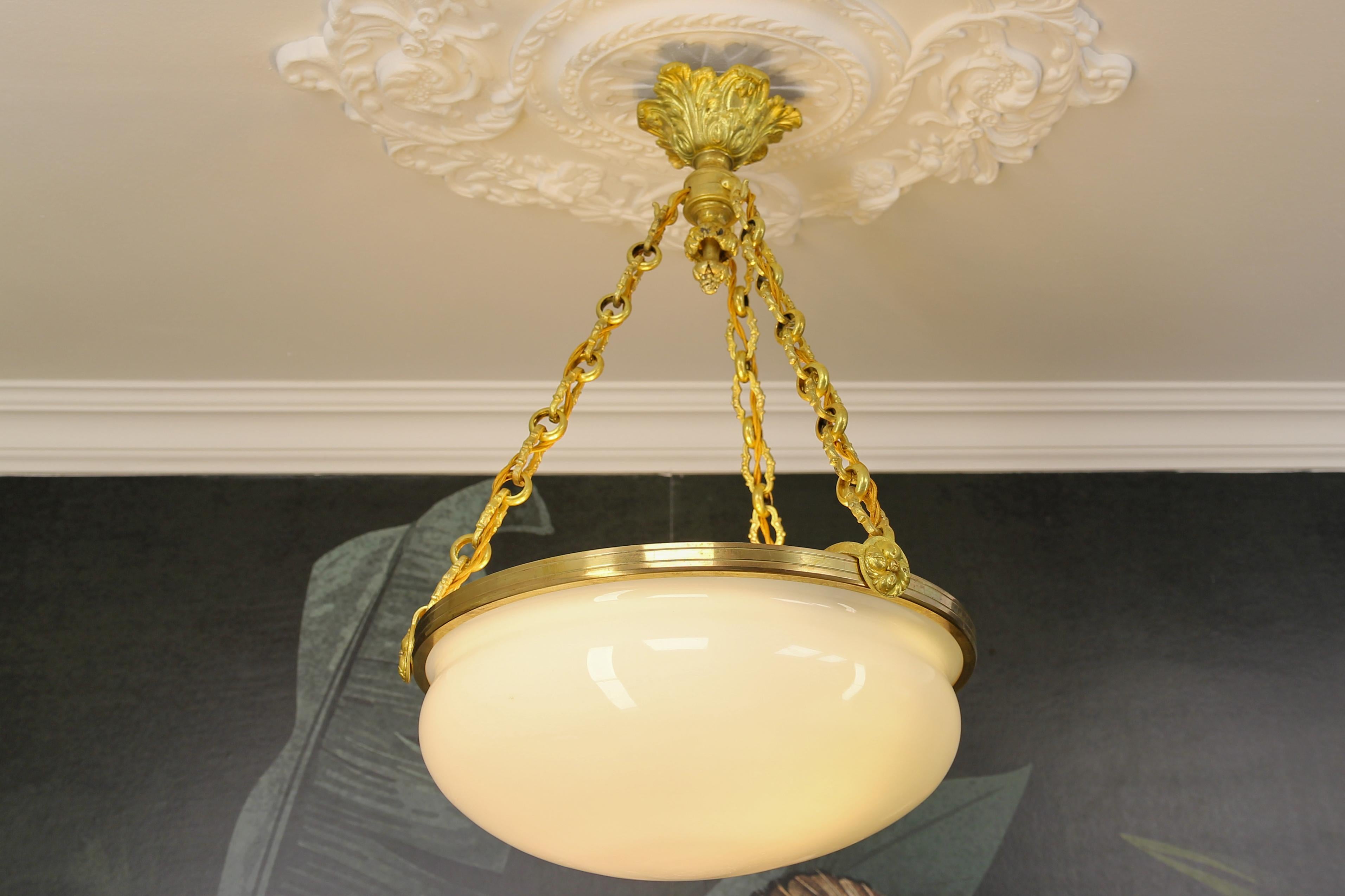 Antique French White Glass, Brass and Bronze Pendant Chandelier, ca. 1920 For Sale 4