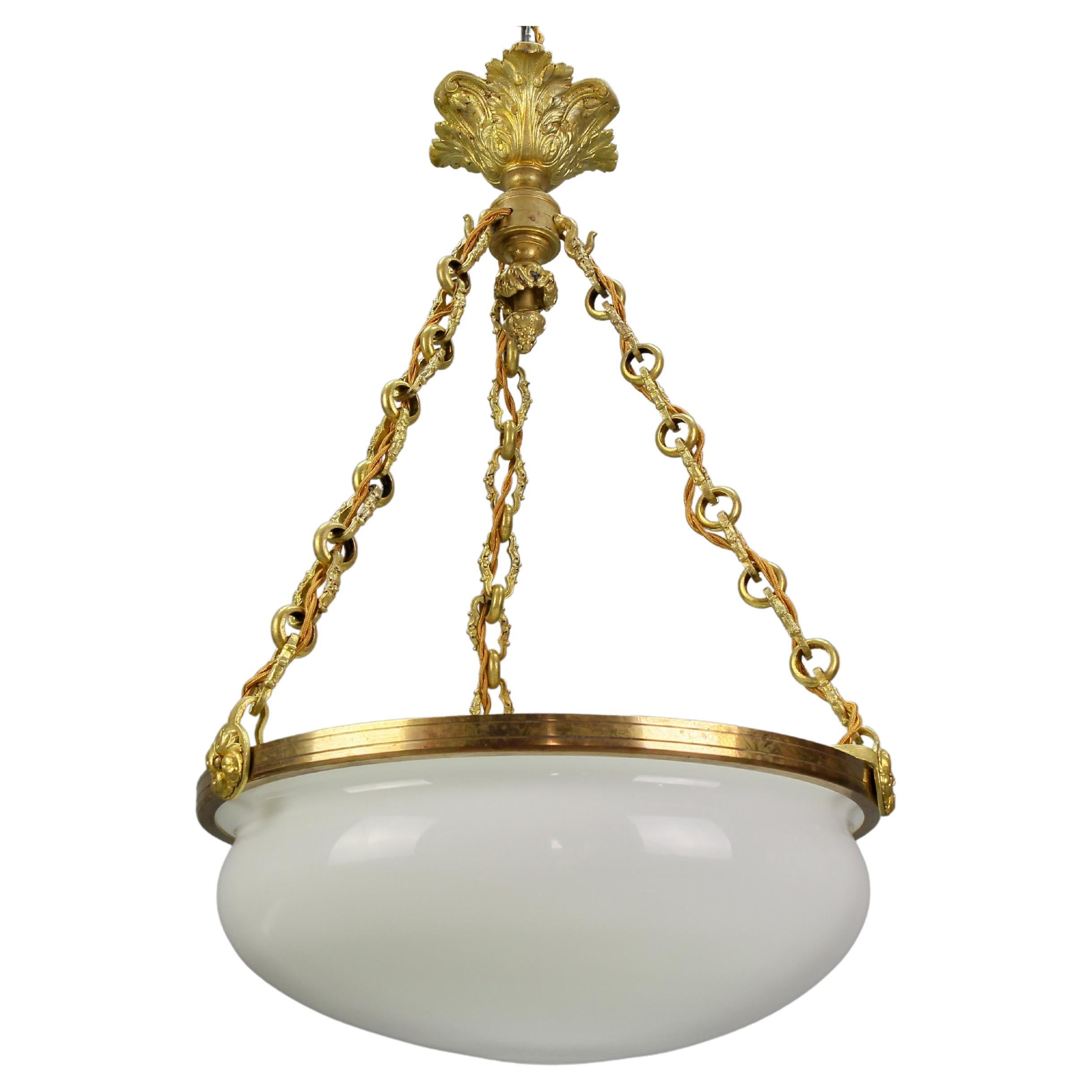 Antique French White Glass, Brass and Bronze Pendant Chandelier, ca. 1920 For Sale
