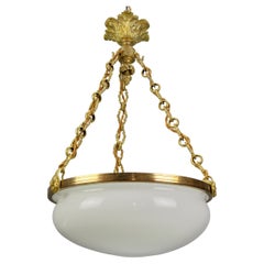 Used French White Glass, Brass and Bronze Pendant Chandelier, ca. 1920