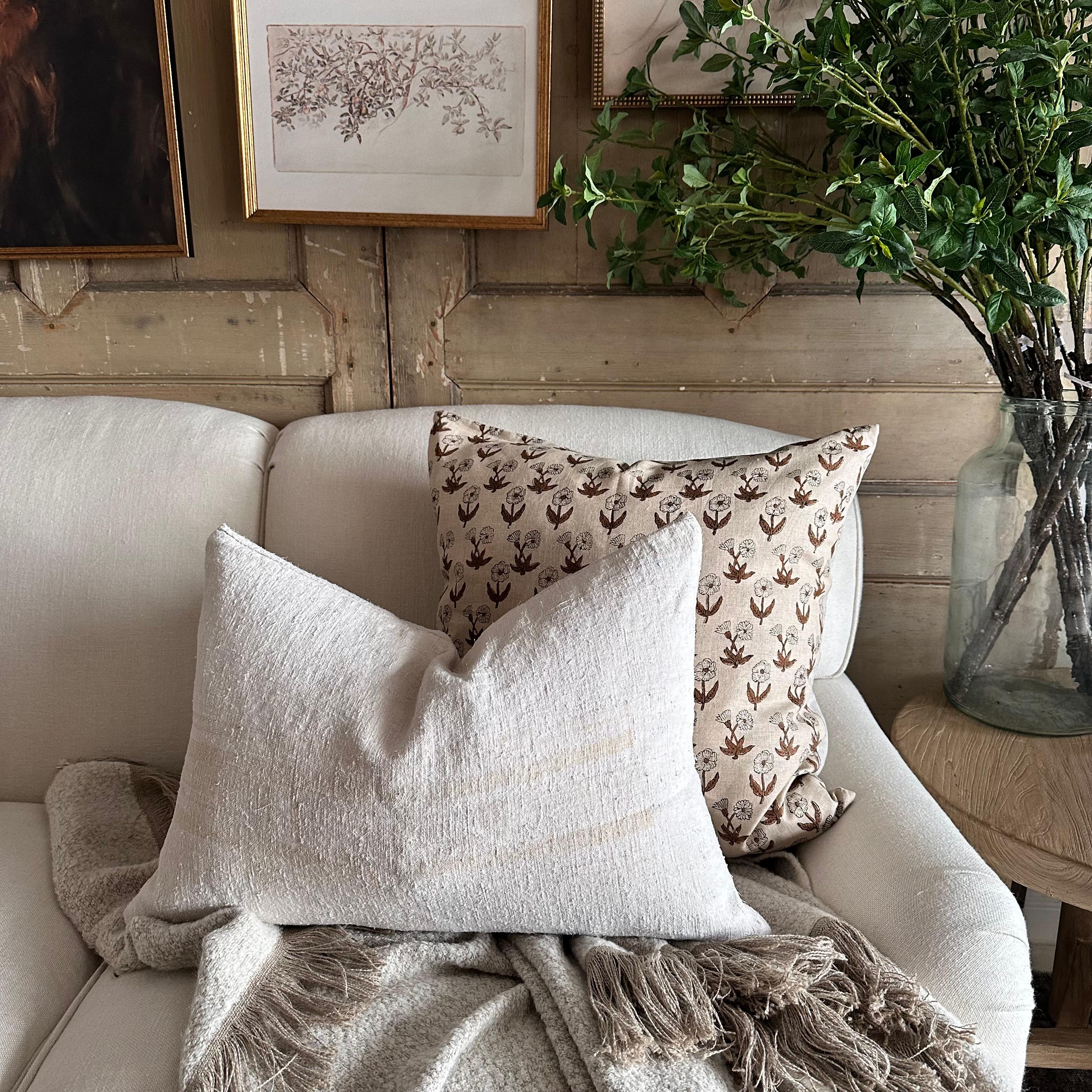 Antique French linen textile pillow with seam 0ff- white antique French linen textured grain sack pillow with original seam, backside is in a similar or same antique material.

Our linens are pre-washed ready for use. Please note that these fabrics