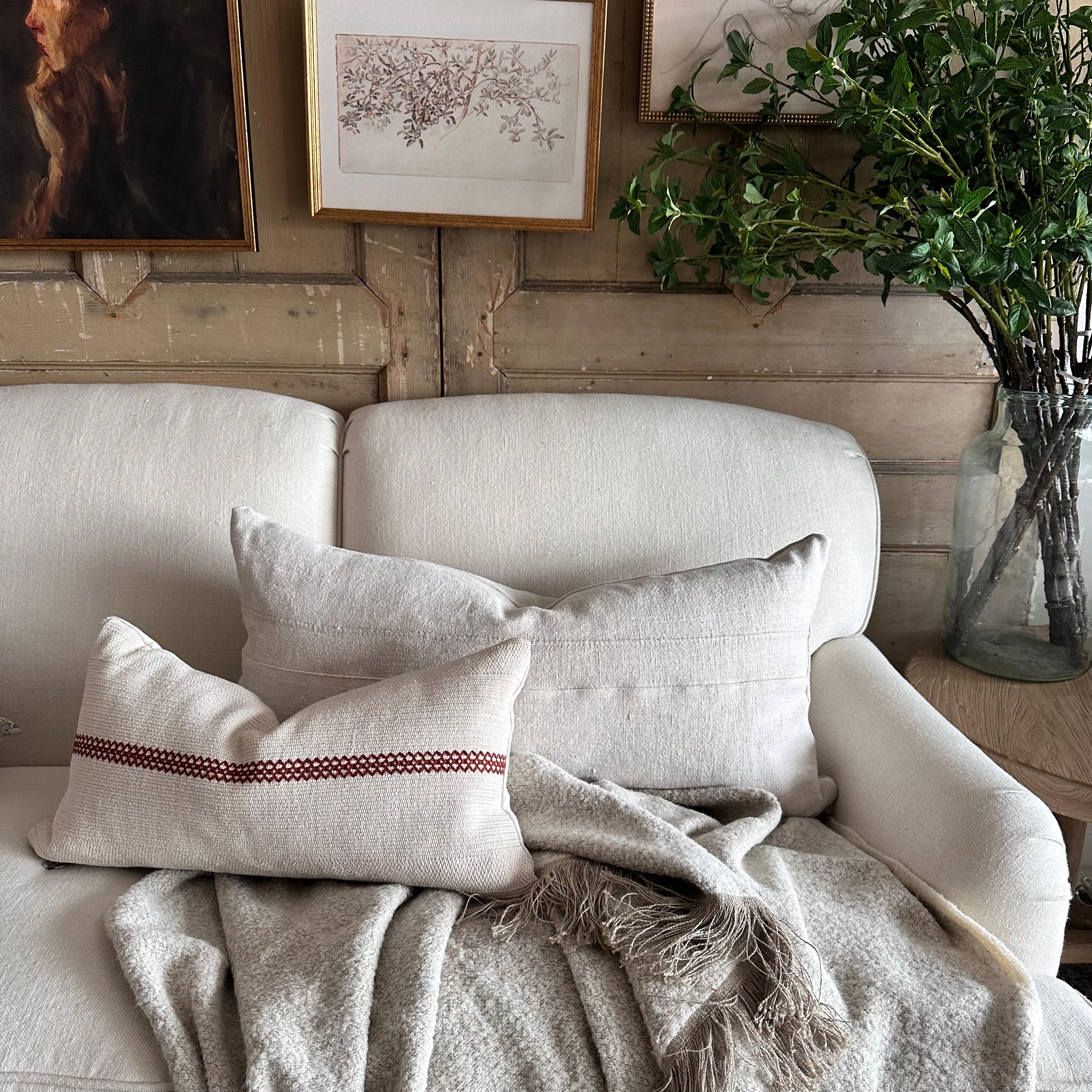 Antique French linen textile pillow with seam 0ff- white antique French linen textured grain sack pillow with original seam, backside is in a similar or same antique material.

Our linens are pre-washed ready for use. Please note that these fabrics