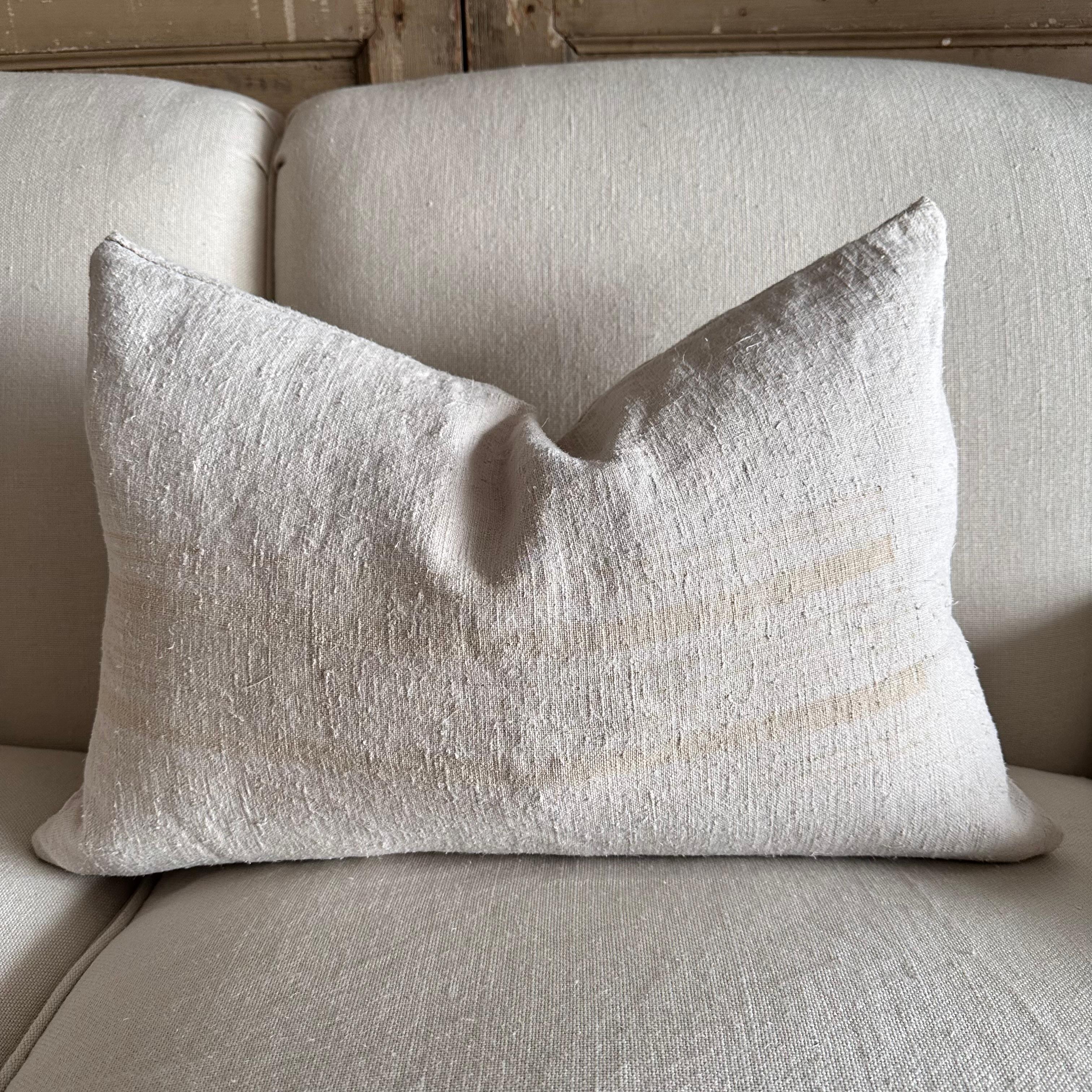 Contemporary Antique French White Grain Linen Pillow with Insert For Sale