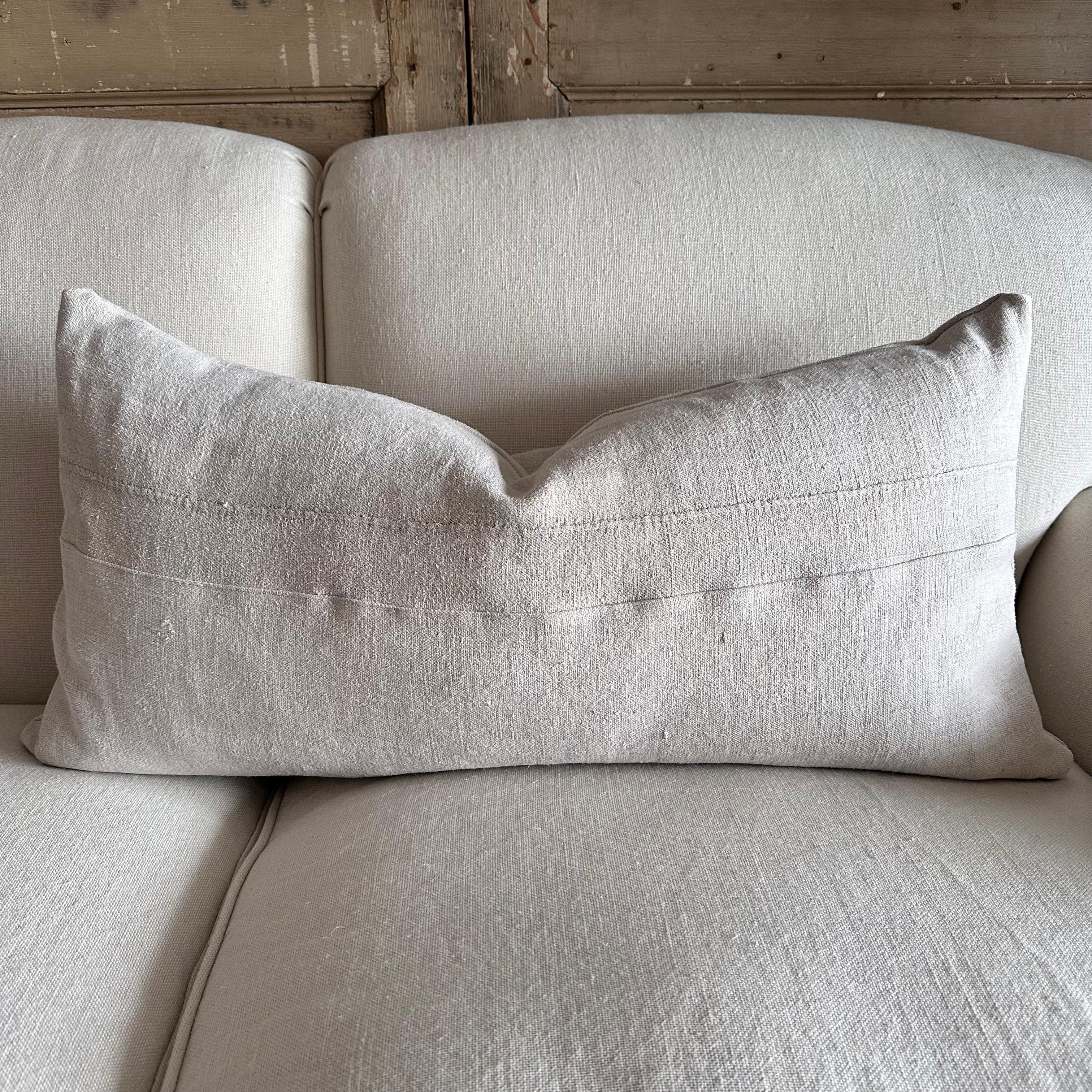 Contemporary Antique French White Grain Linen Pillow with Insert For Sale