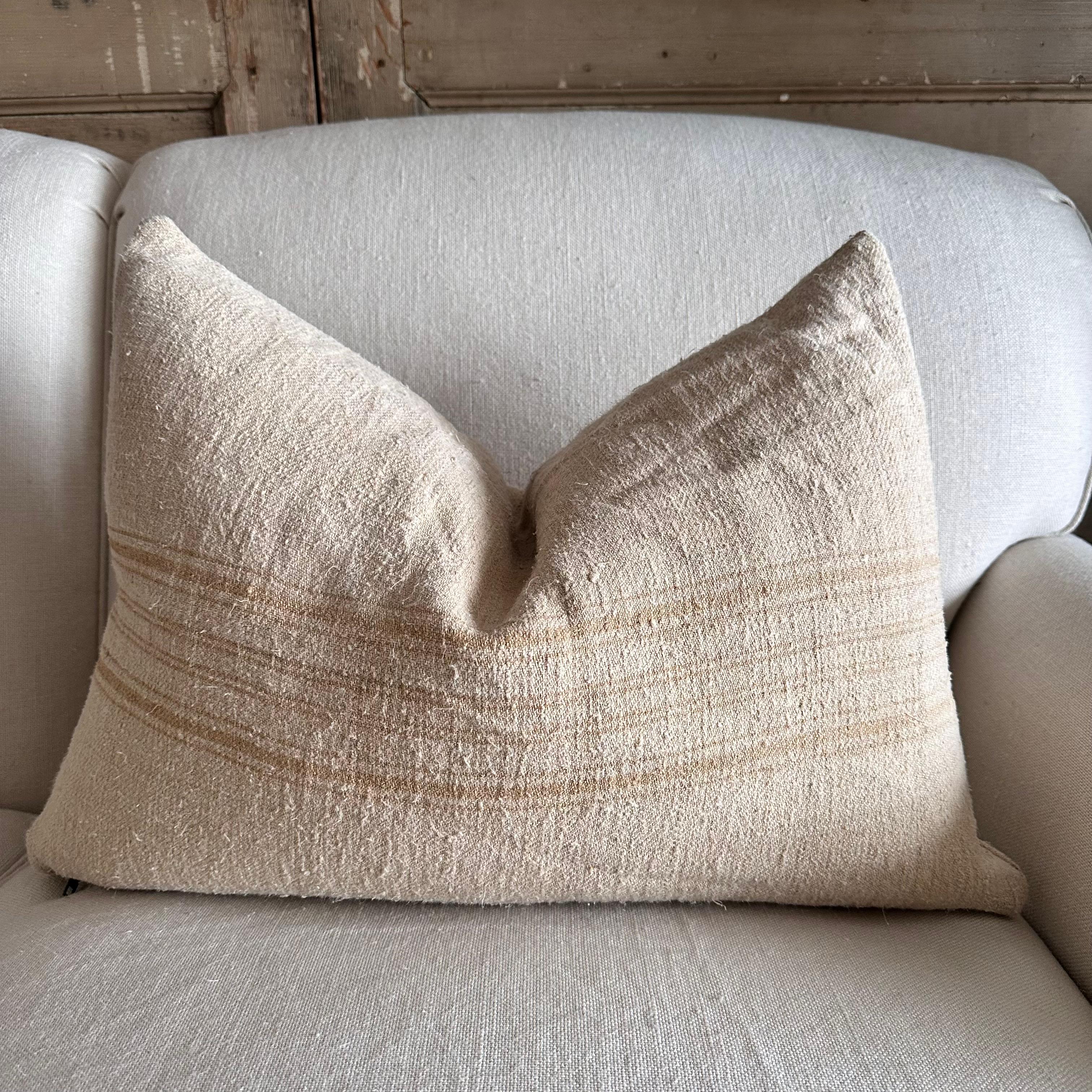 Contemporary Antique French White Grain Linen Pillow with Insert