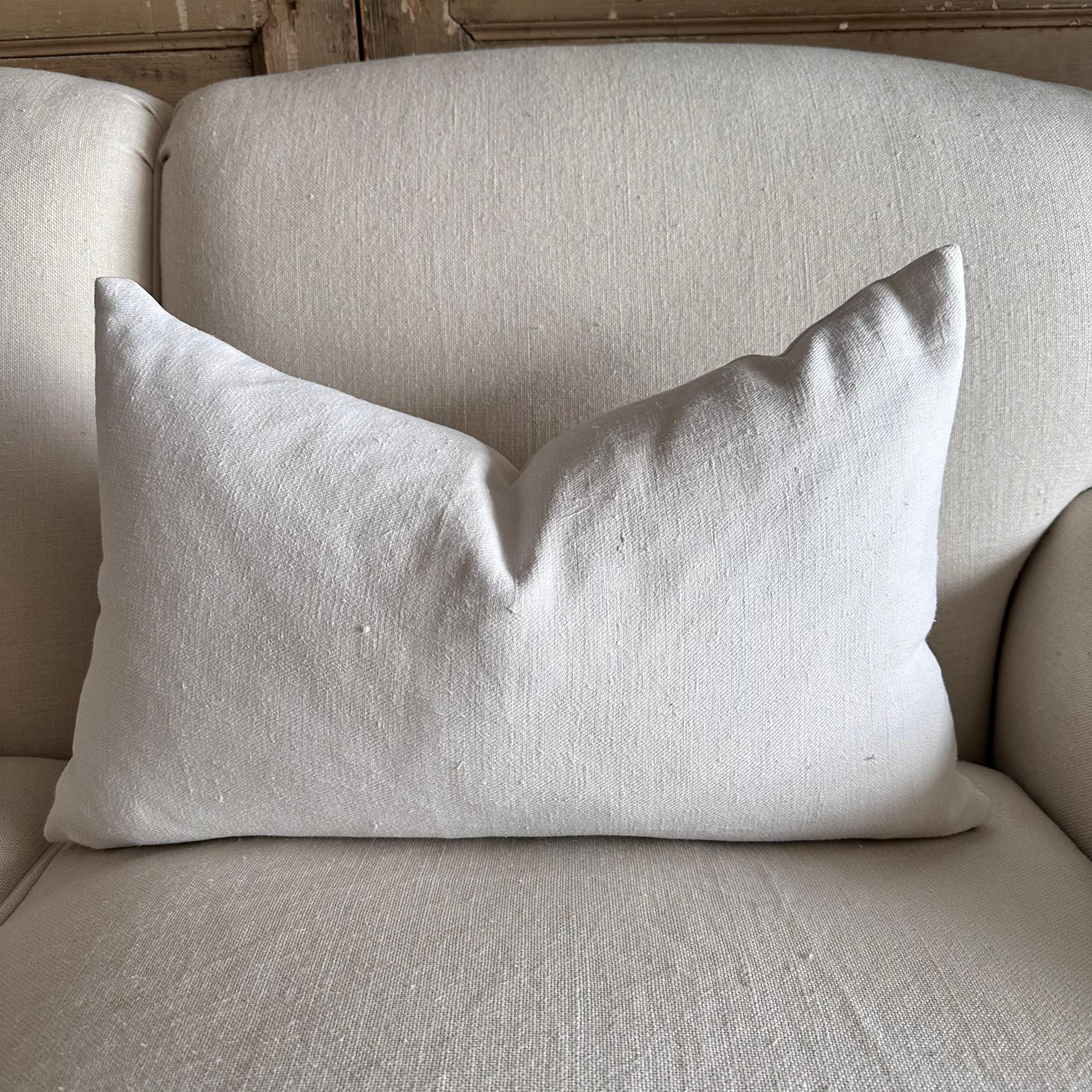 Cotton Antique French White Grain Linen Pillow with Insert For Sale