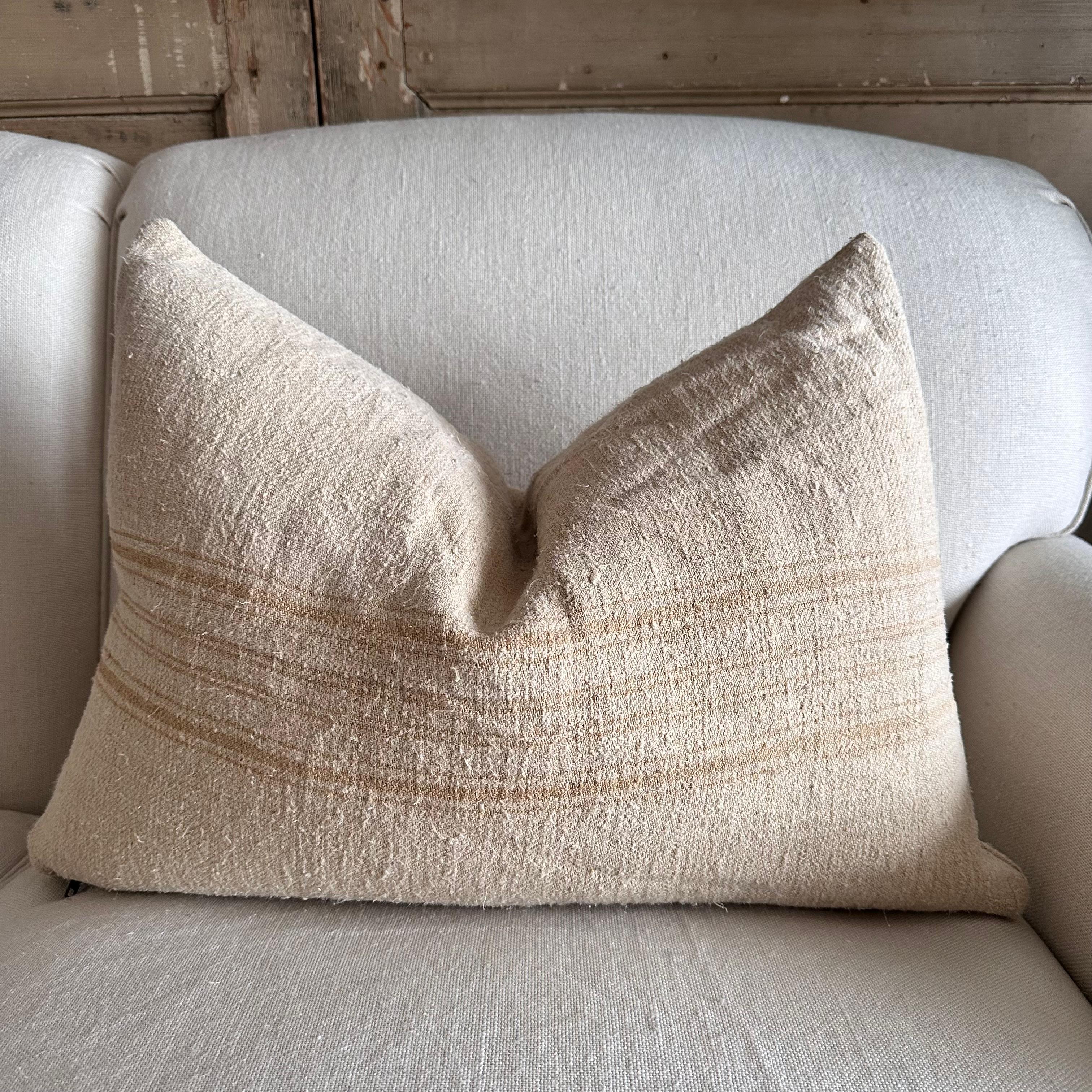 Cotton Antique French White Grain Linen Pillow with Insert