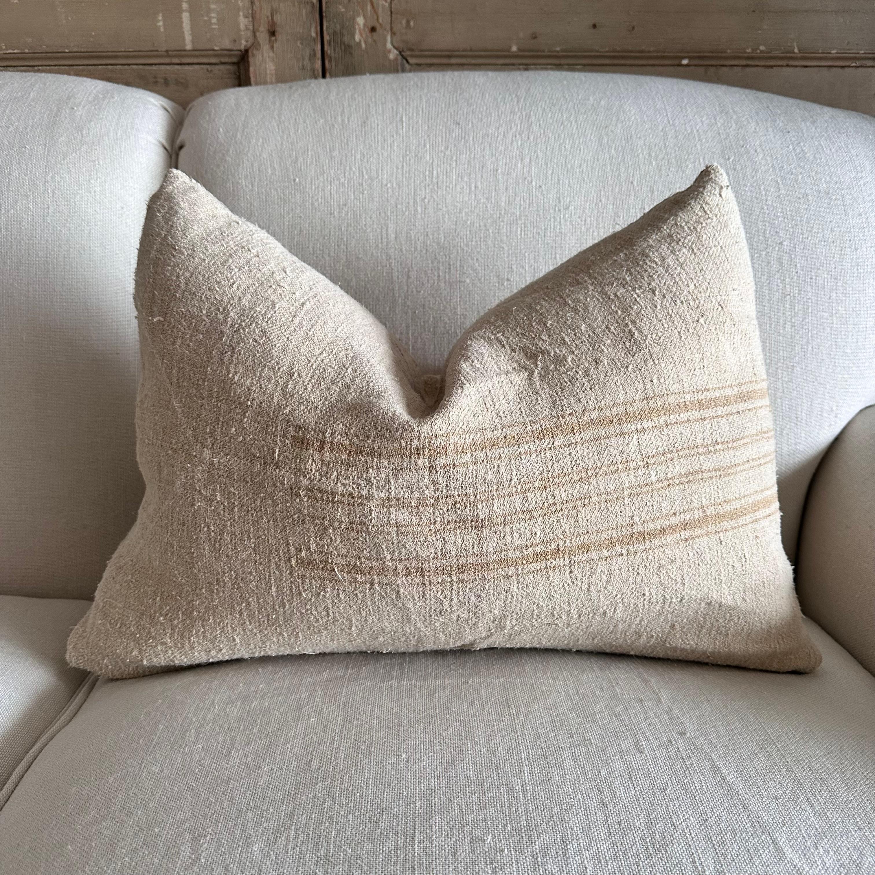 Antique French White Grain Linen Pillow with Insert  1
