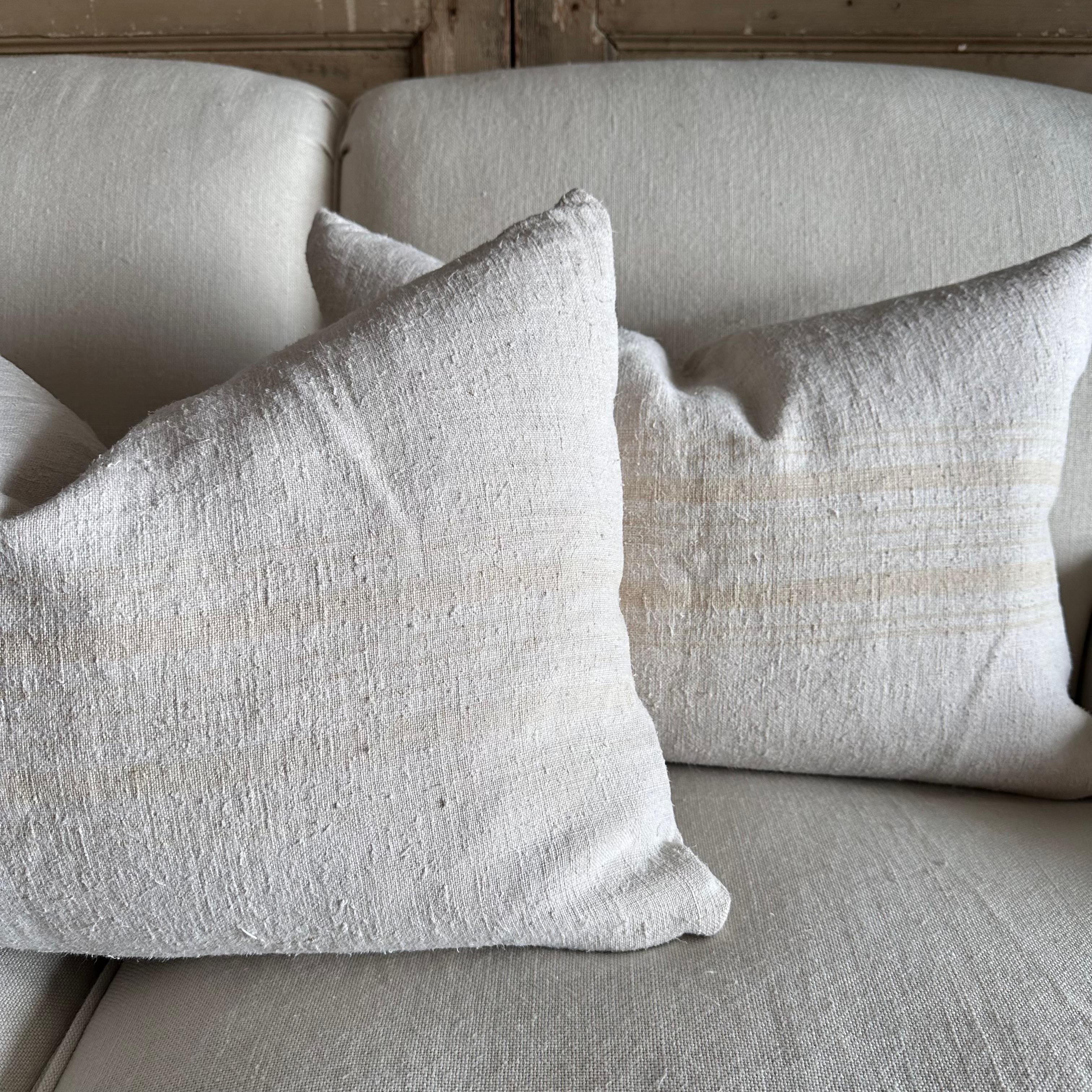 Antique French White Grain Linen Pillow with Insert For Sale 2