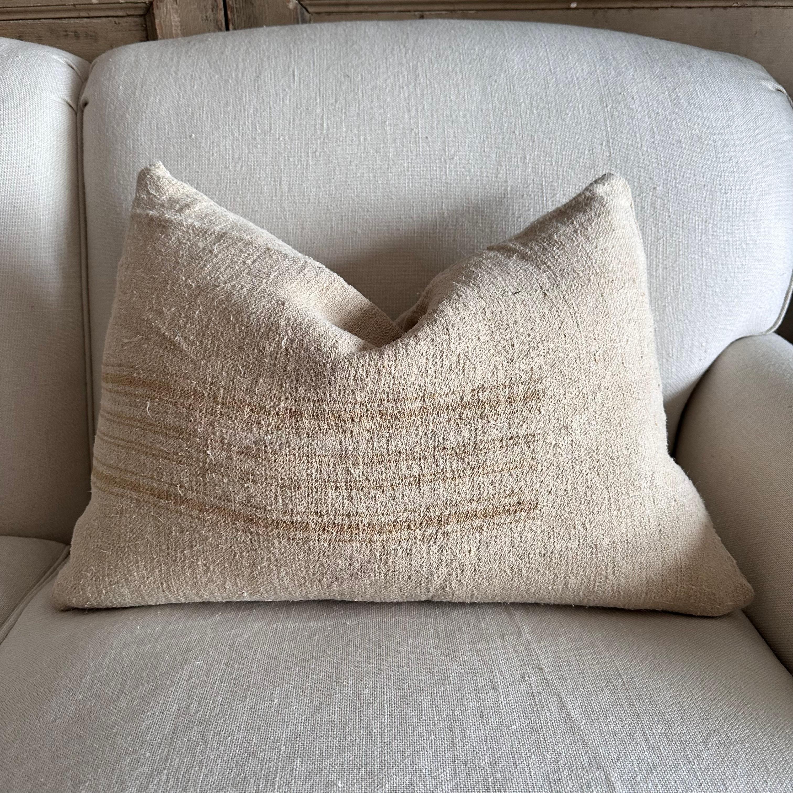 Antique French White Grain Linen Pillow with Insert  2