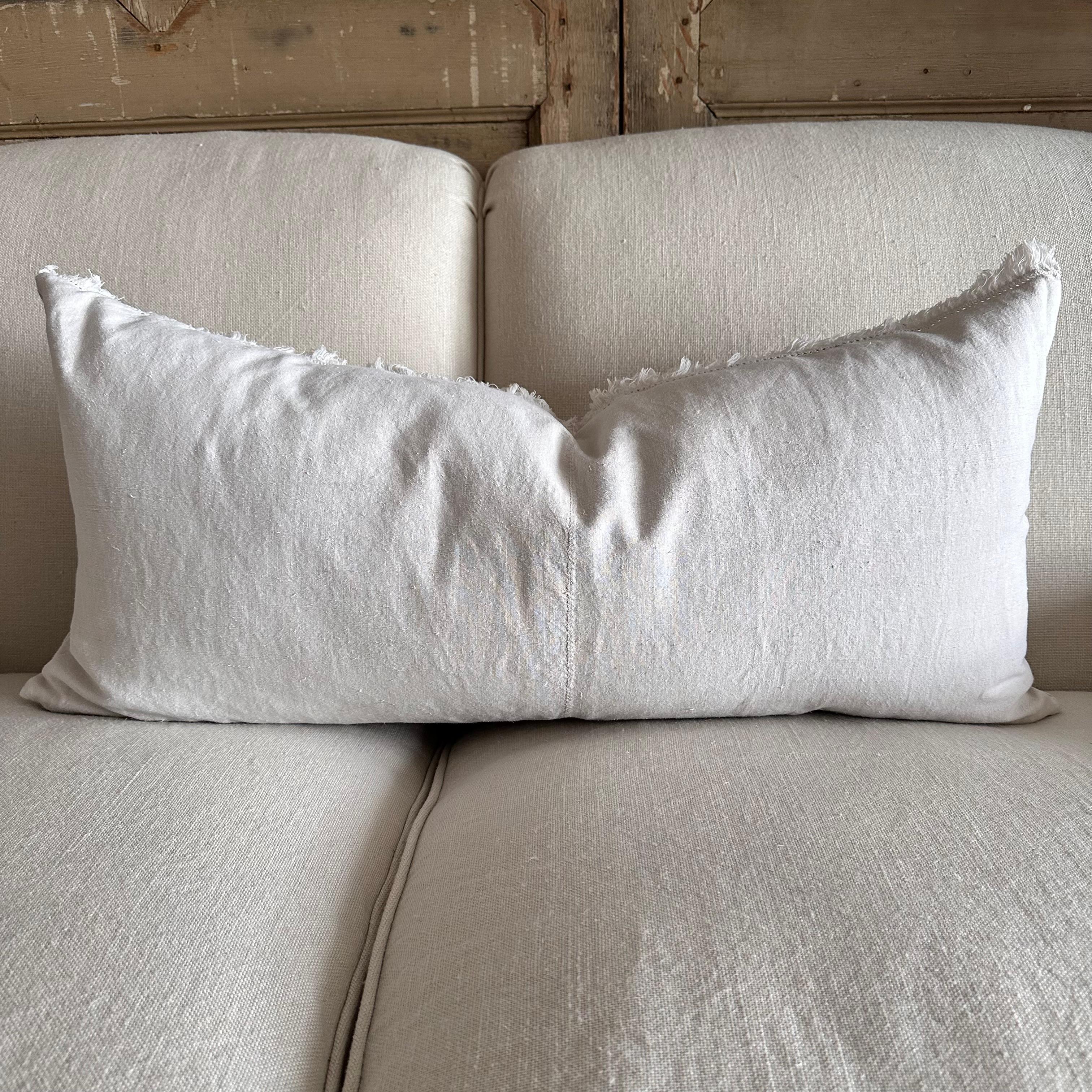 Antique French White Grain Linen Pillow with Insert For Sale 2