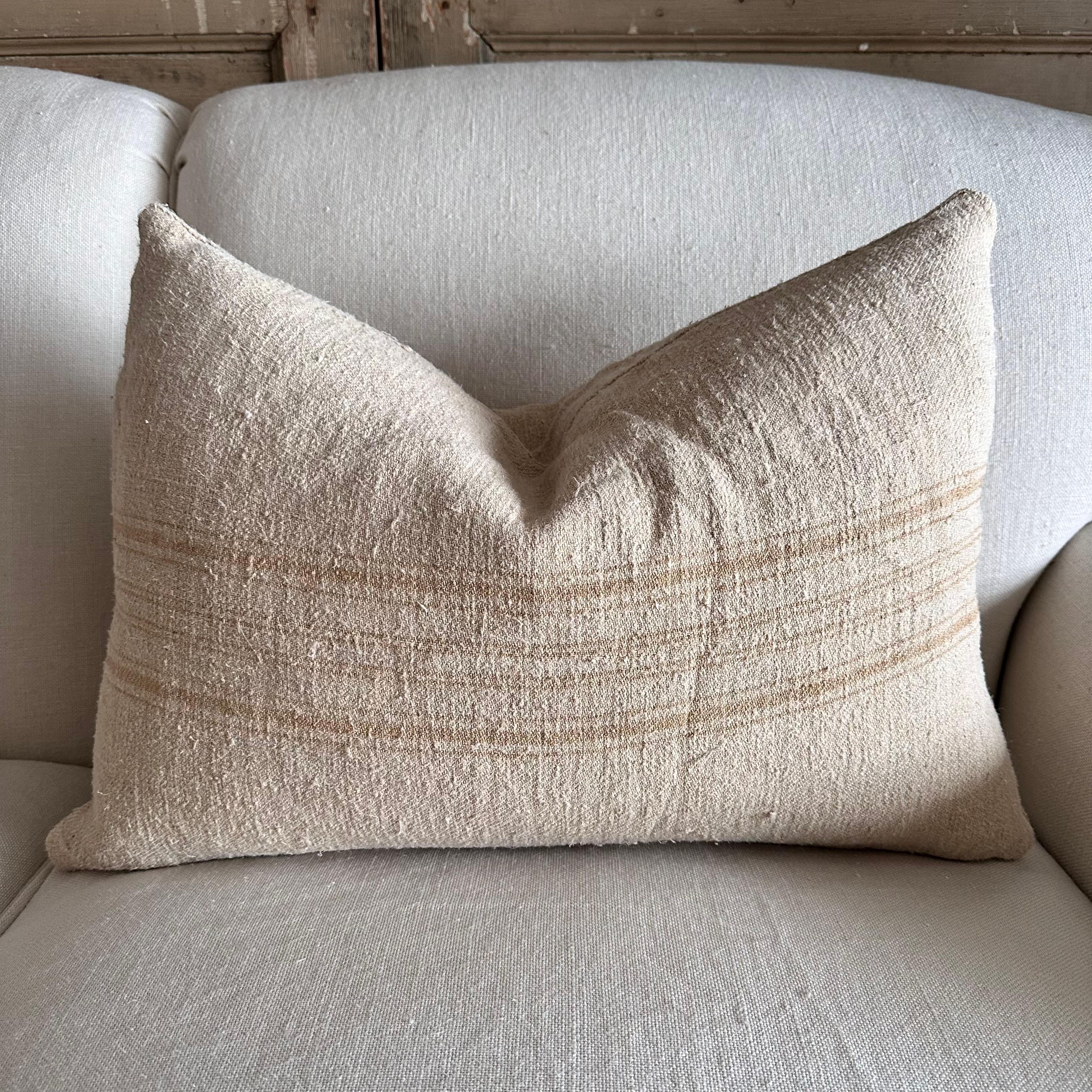 Antique French White Grain Linen Pillow with Insert 3