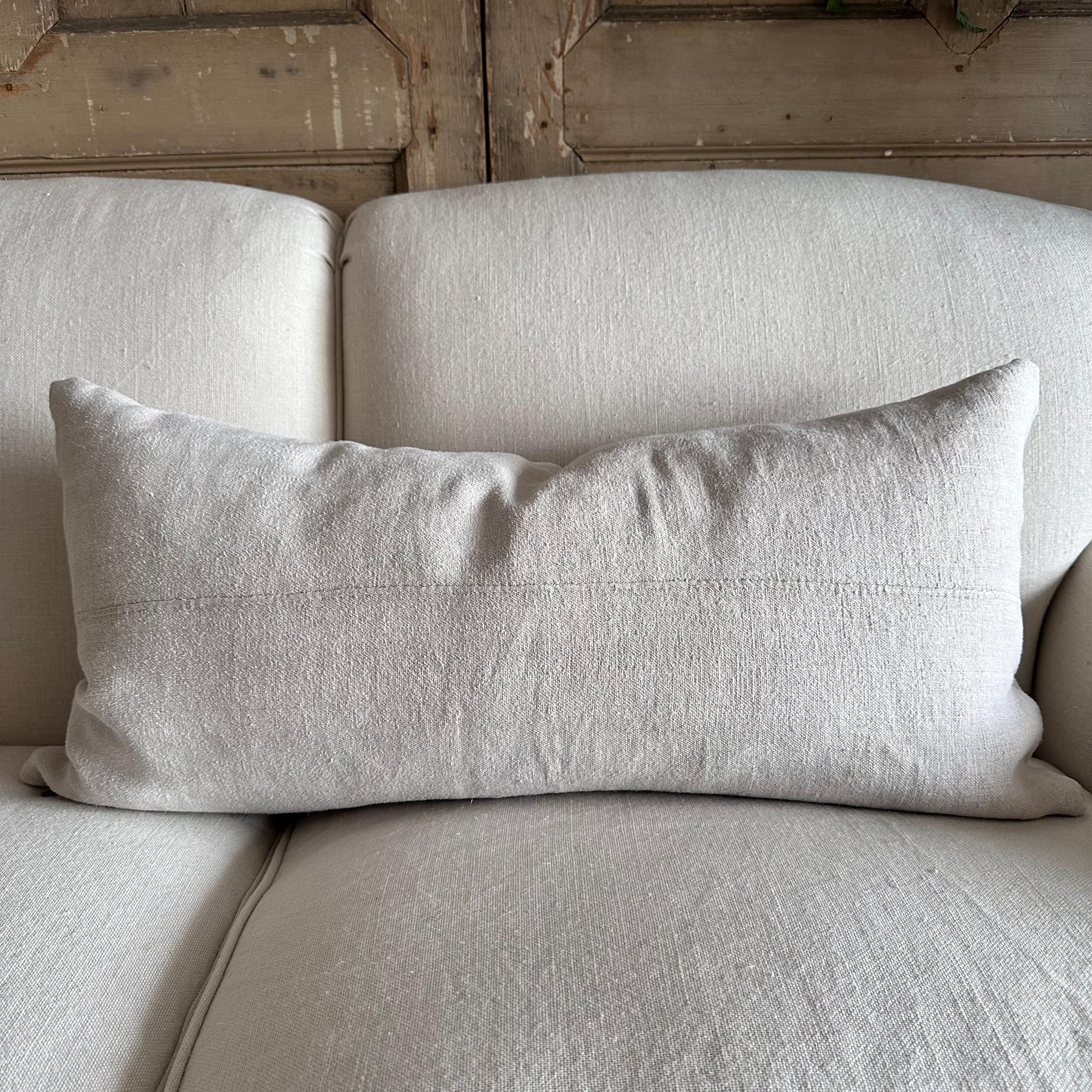 Antique French White Grain Linen Pillow with Insert For Sale 4