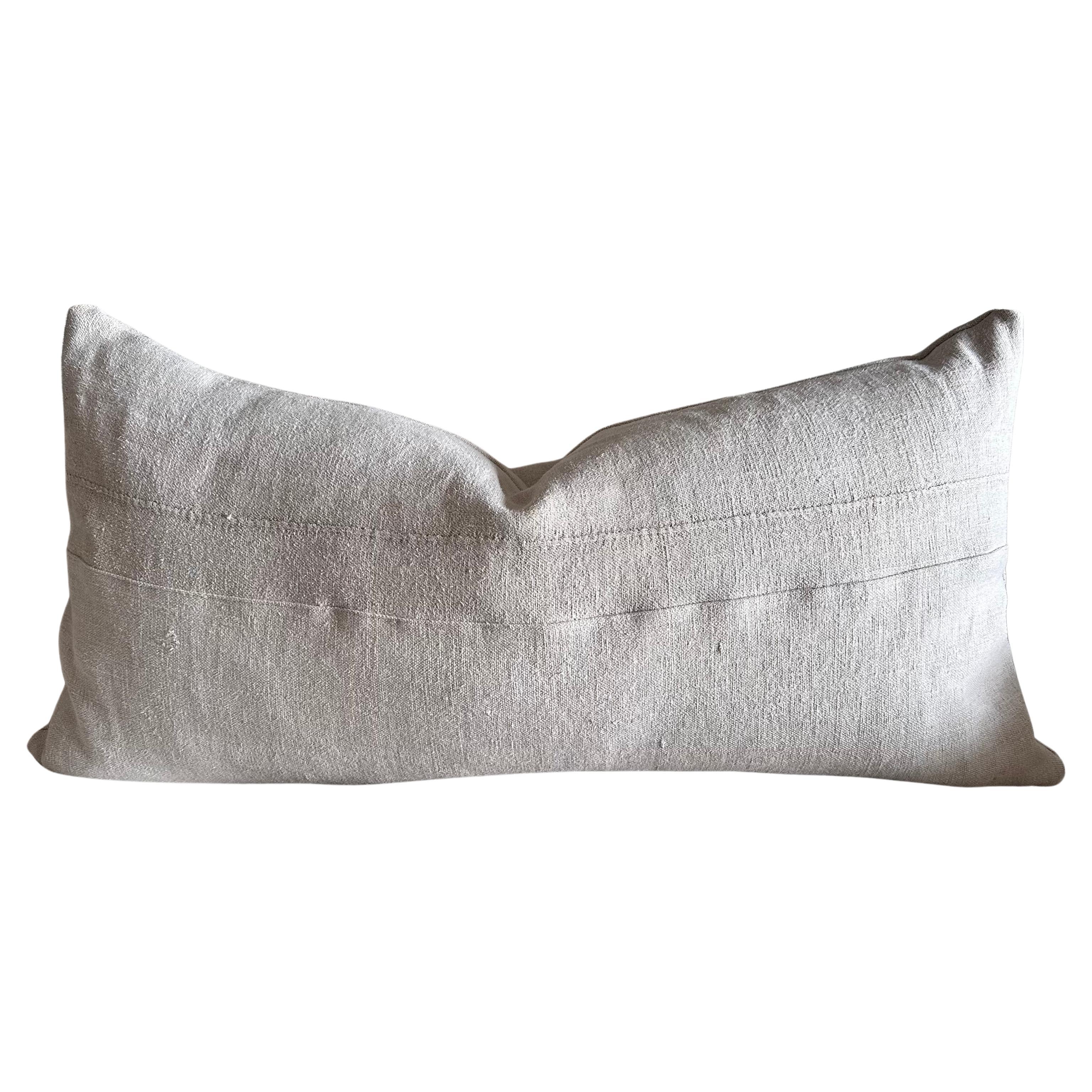 Antique French White Grain Linen Pillow with Insert For Sale