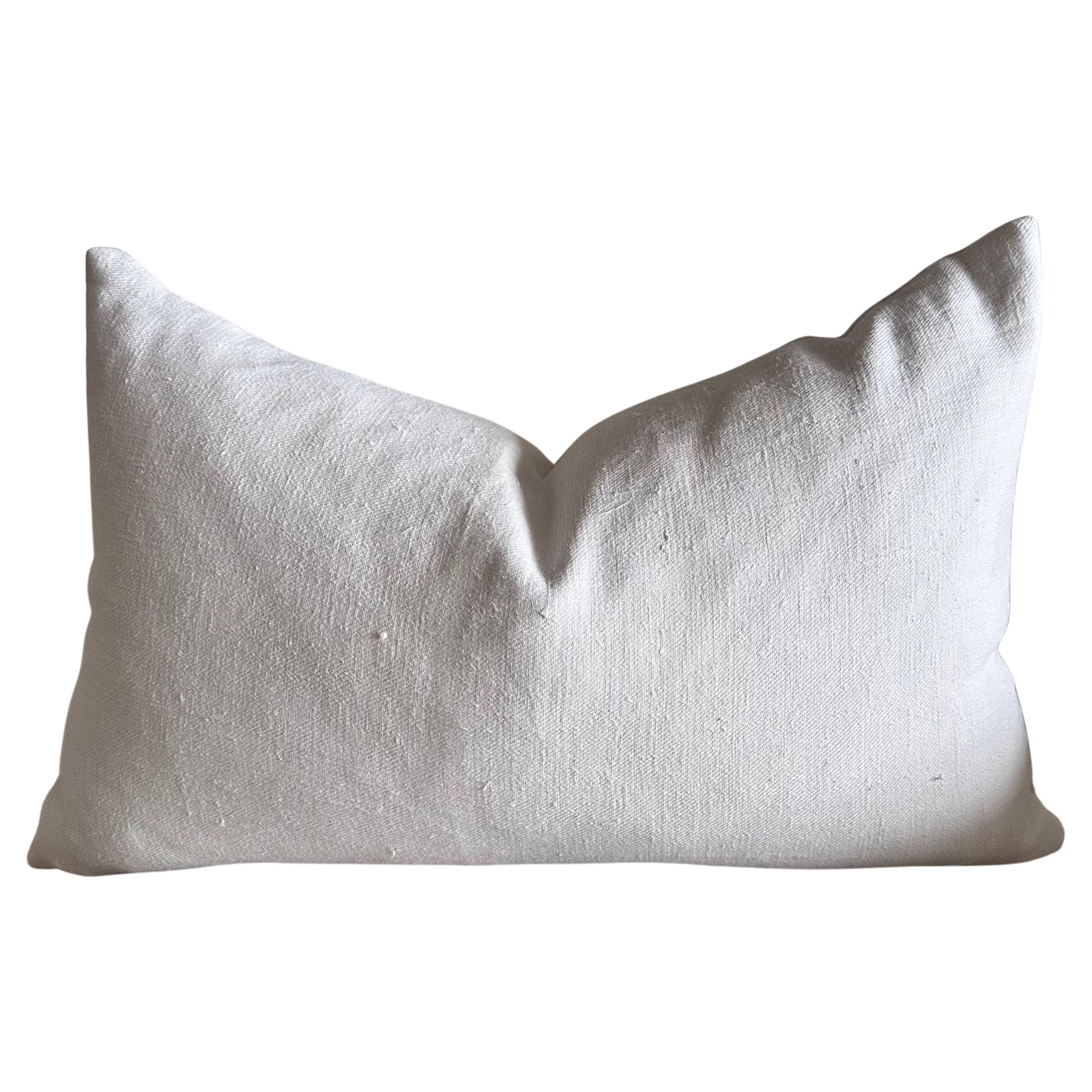 Antique French White Grain Linen Pillow with Insert For Sale