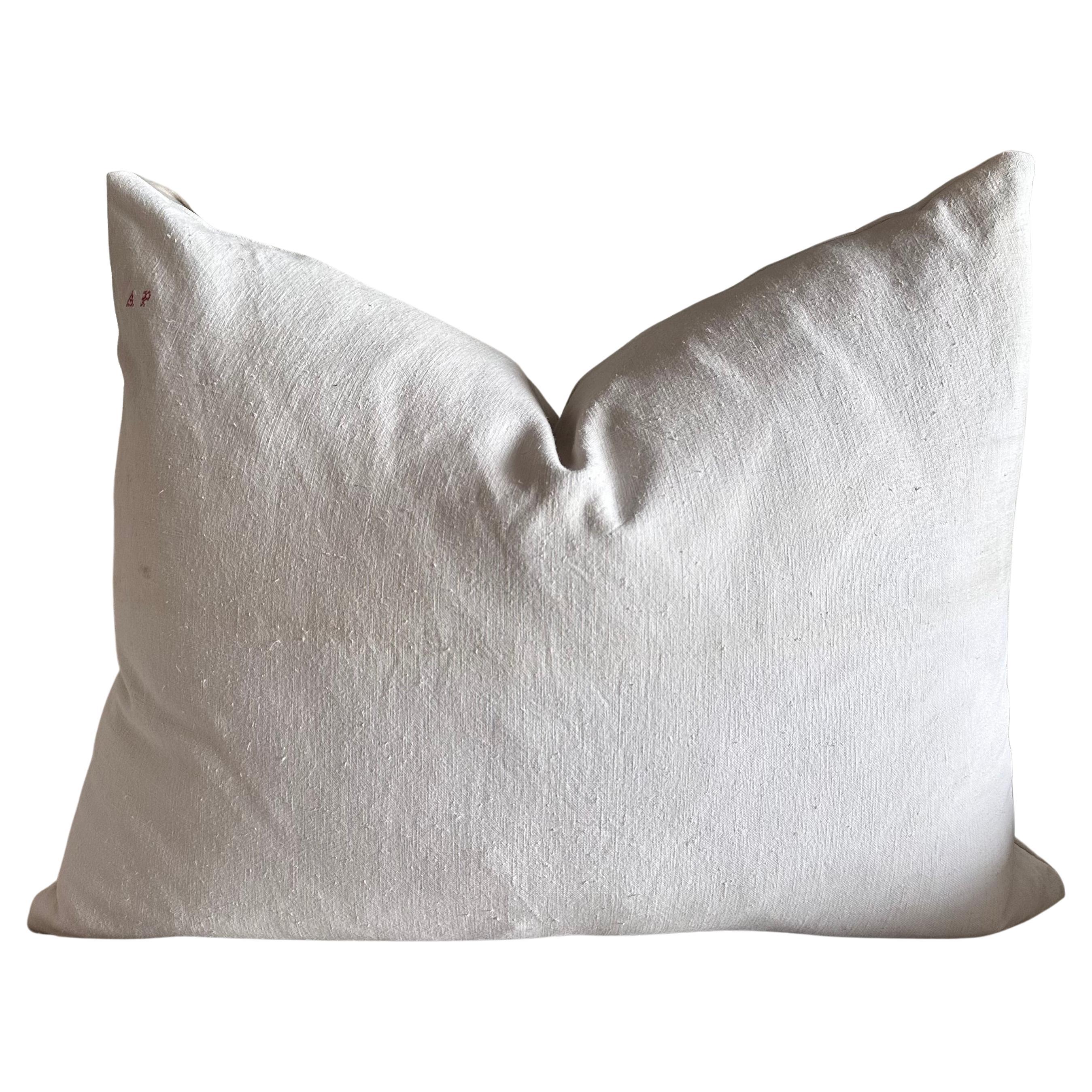 Antique French White Grain Linen Pillows with Insert For Sale