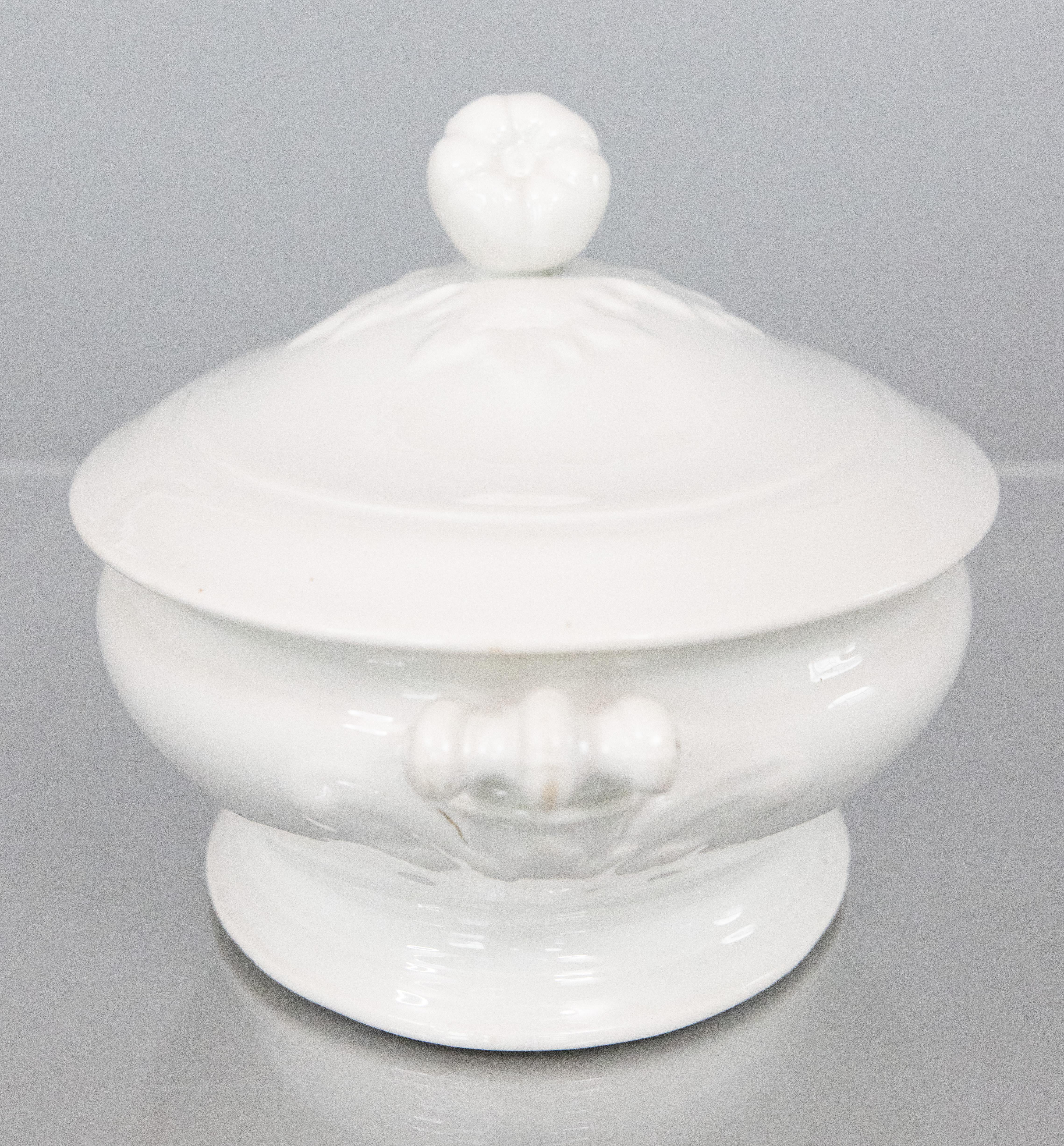 Antique French Sopera Ovalada con Tapa de Ironstone Blanco Francés en venta