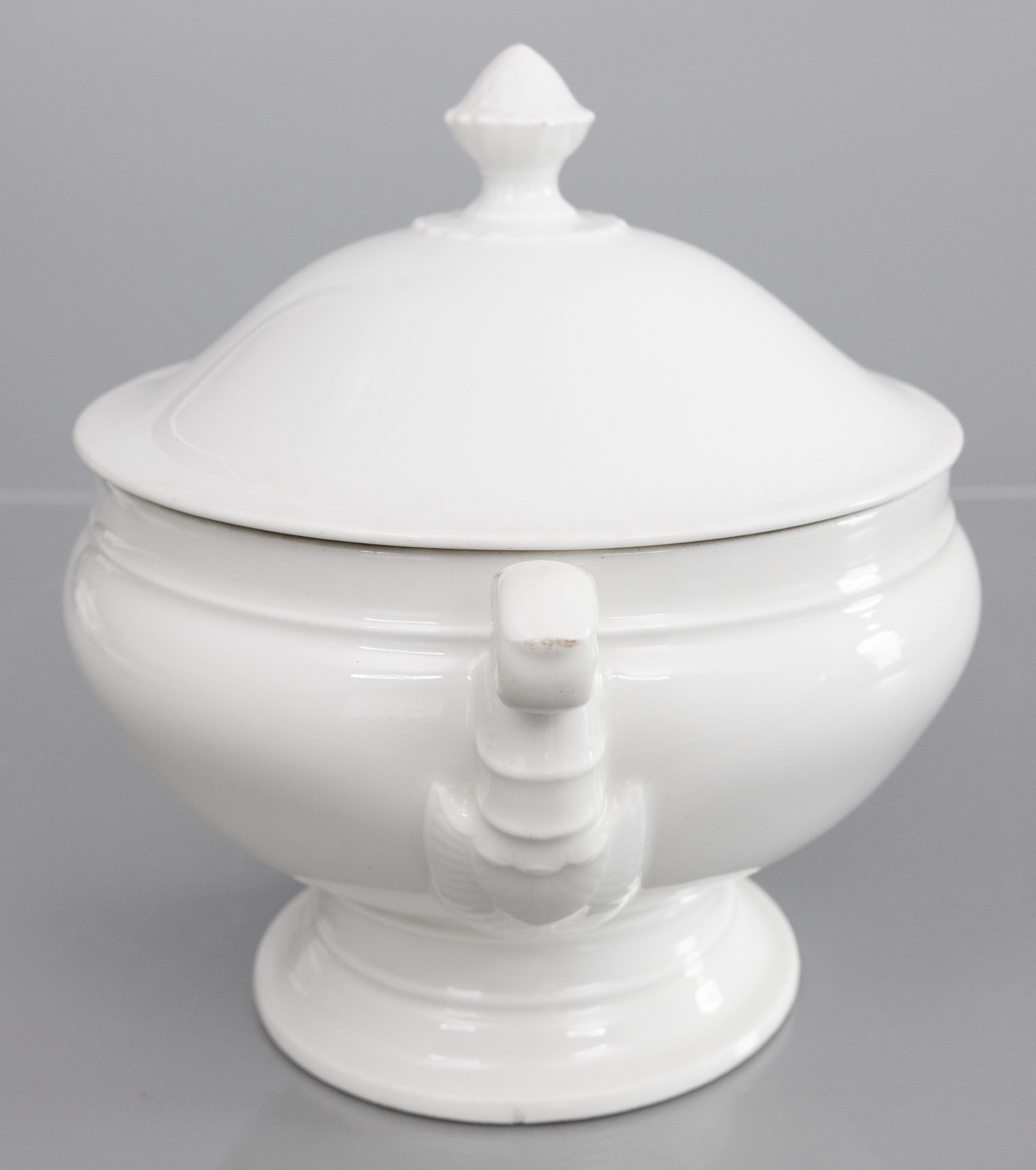 Una splendida zuppiera francese con coperchio in pietra ferrosa, circa 1900. Nessun marchio di fabbrica. Questa zuppiera di pregio presenta un finale decorativo e deliziosi manici ornati. Si presenta in modo splendido e sarebbe meraviglioso se